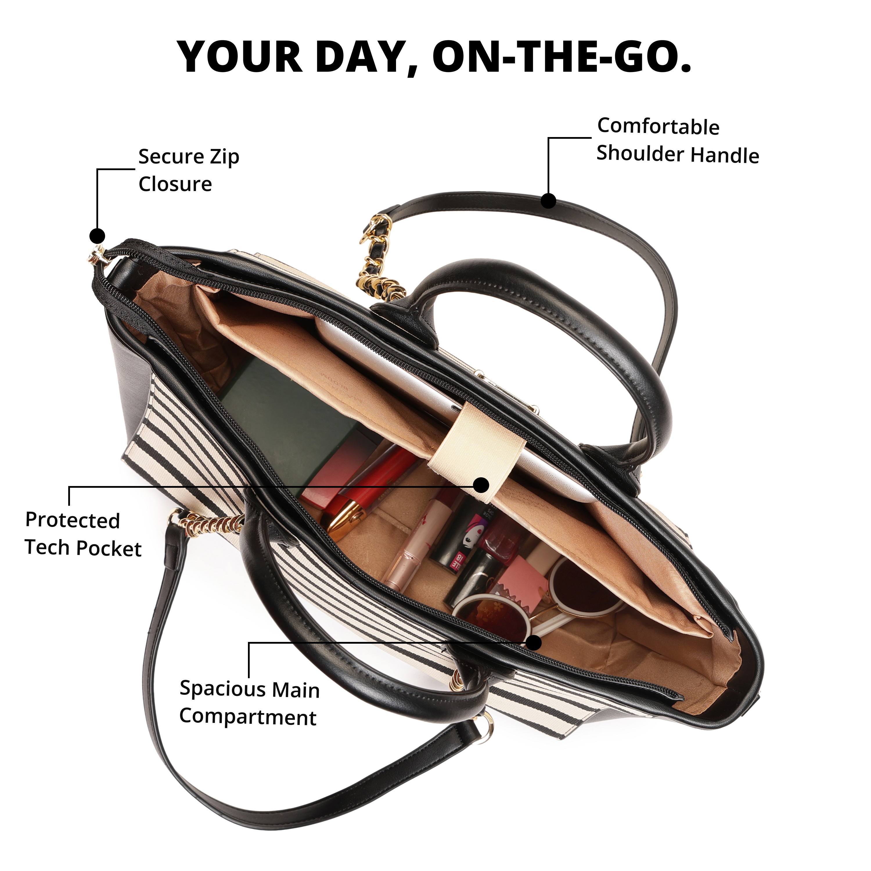 Magnolia PU Leather Women Striped Black Tote Bag