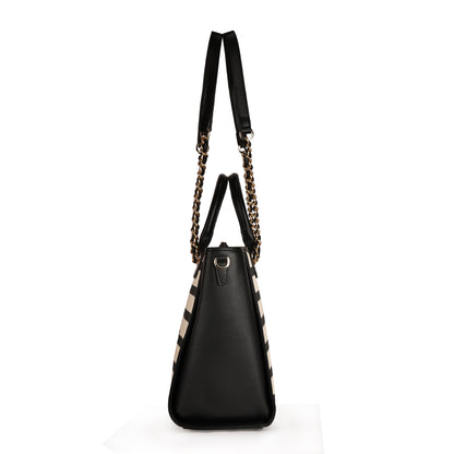Magnolia PU Leather Women Striped Black Tote Bag