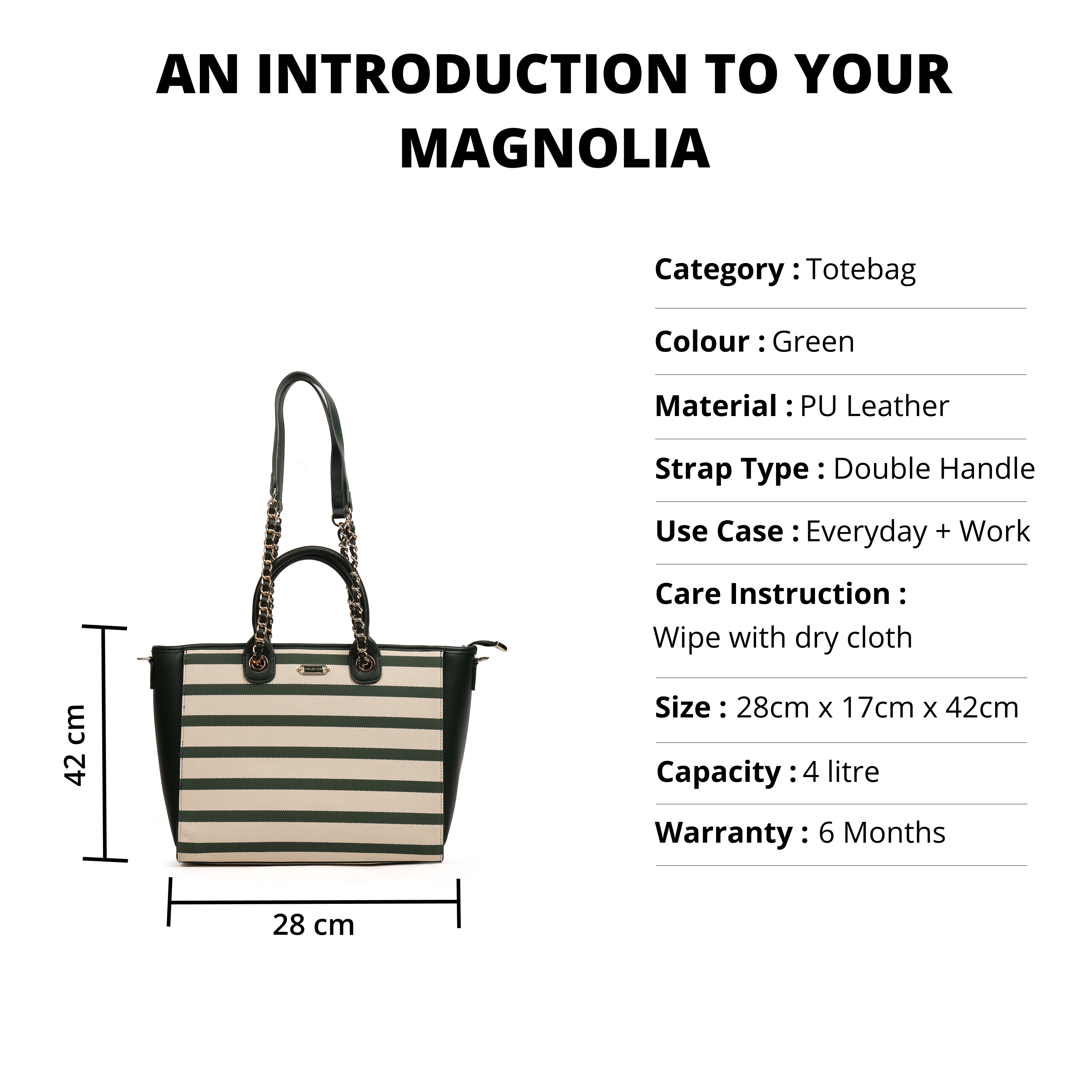 Magnolia PU Leather Women Striped Green Tote Bag