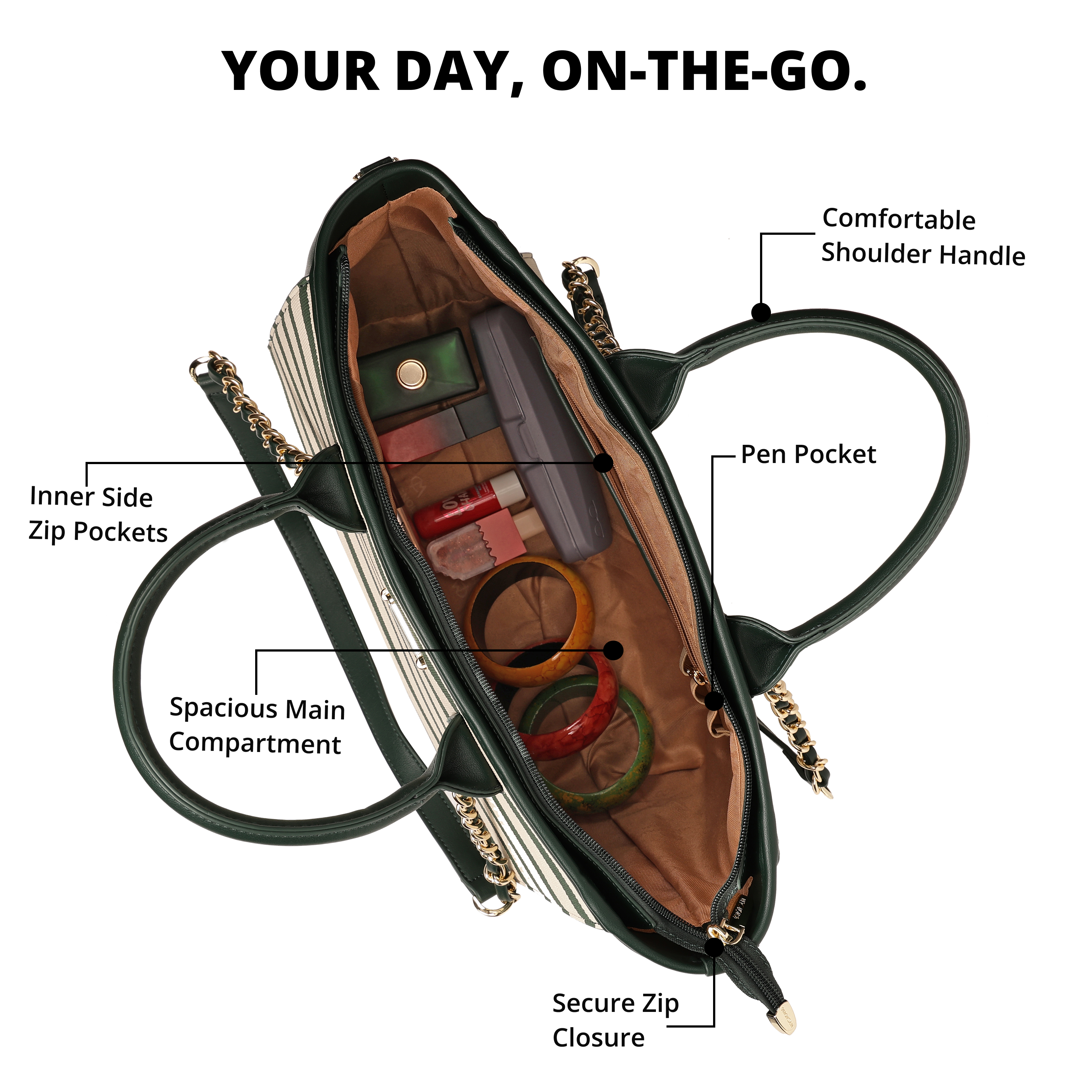 Magnolia PU Leather Women Striped Green Tote Bag