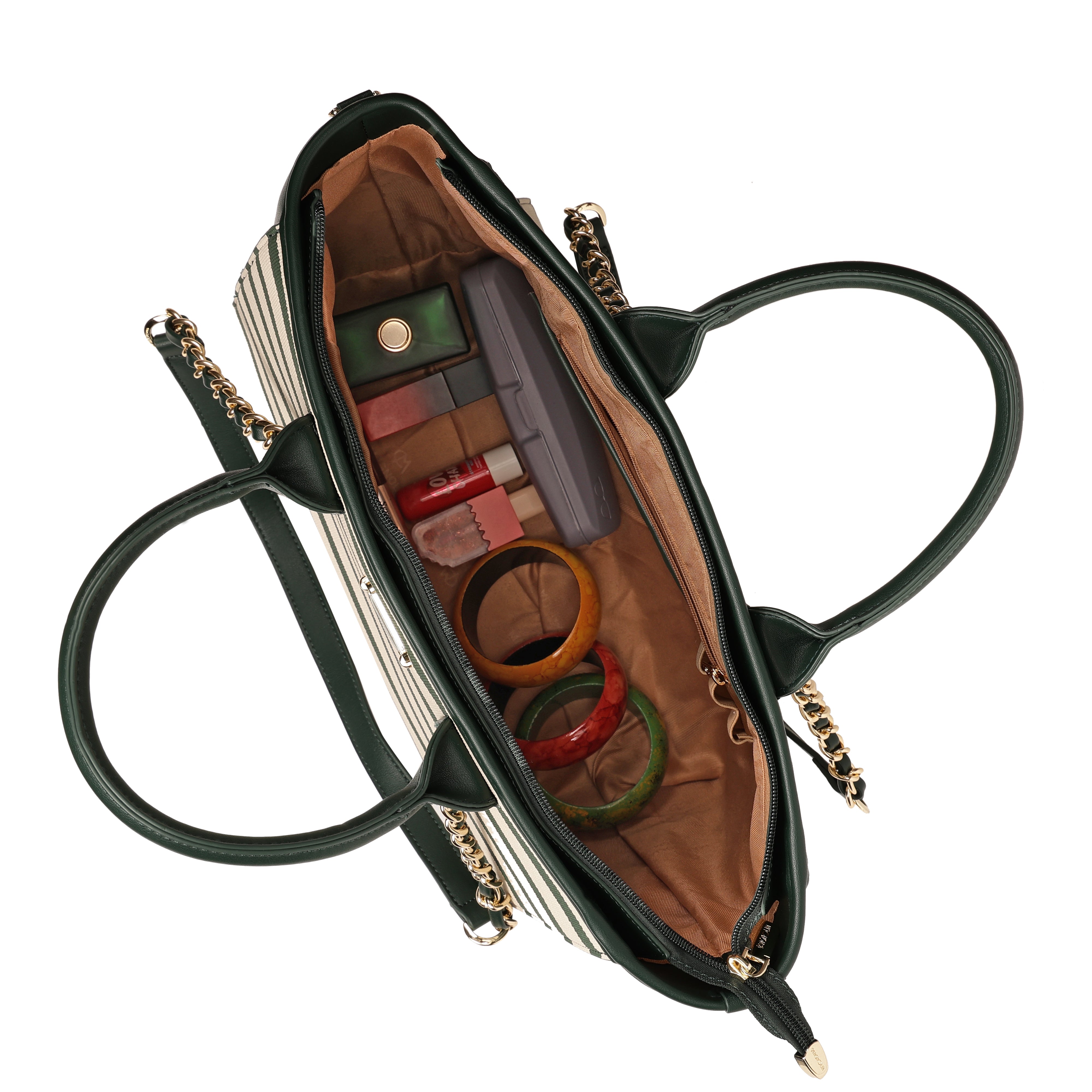 Magnolia PU Leather Women Striped Green Tote Bag