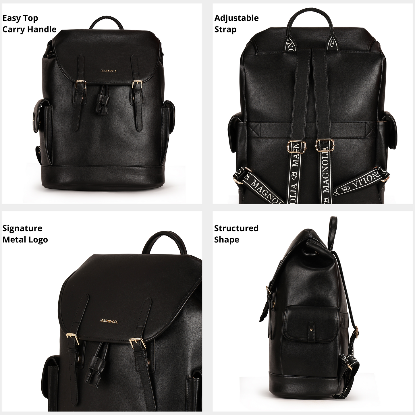 Magnolia PU Leather  Black Backpack
