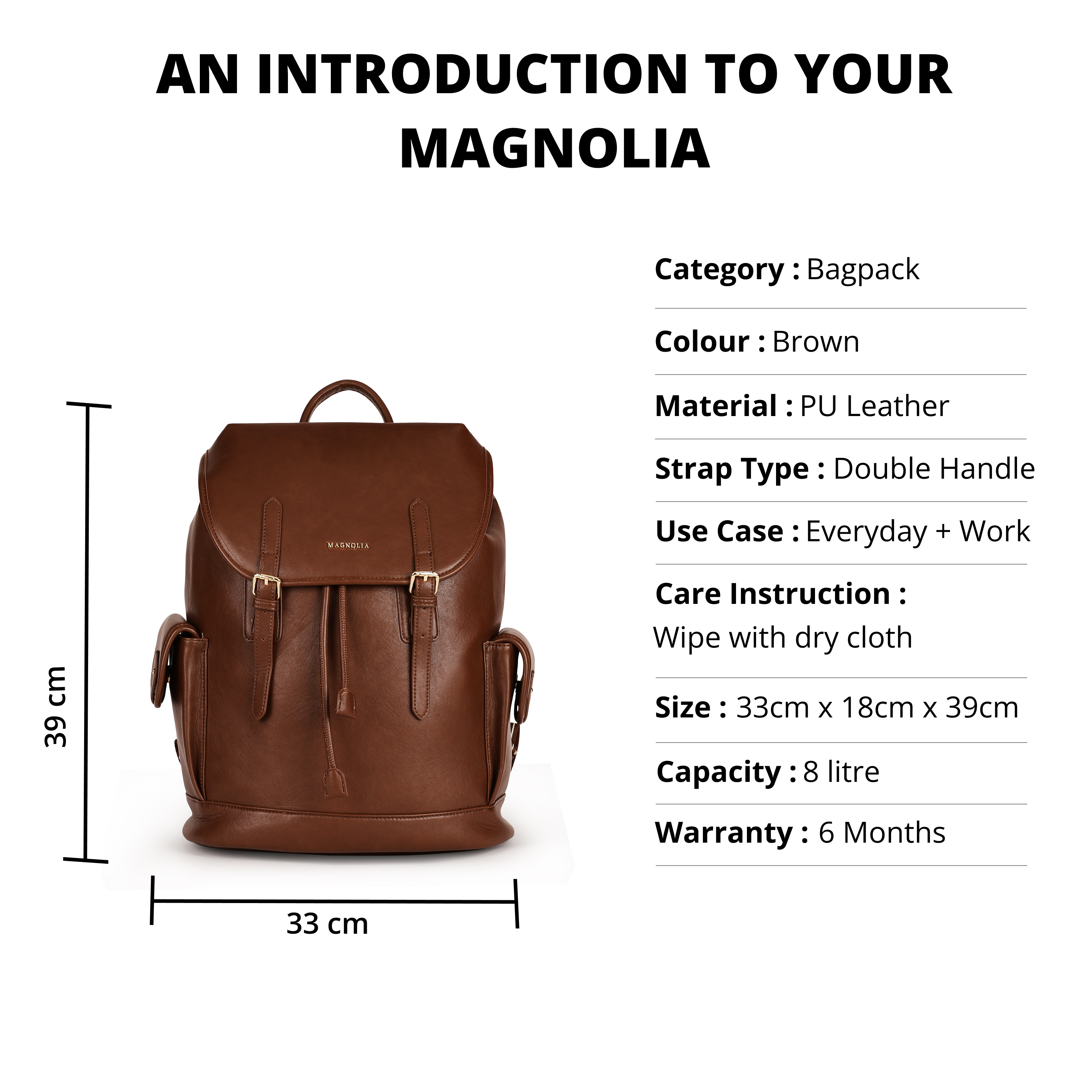 Magnolia PU Leather  Brown Backpack