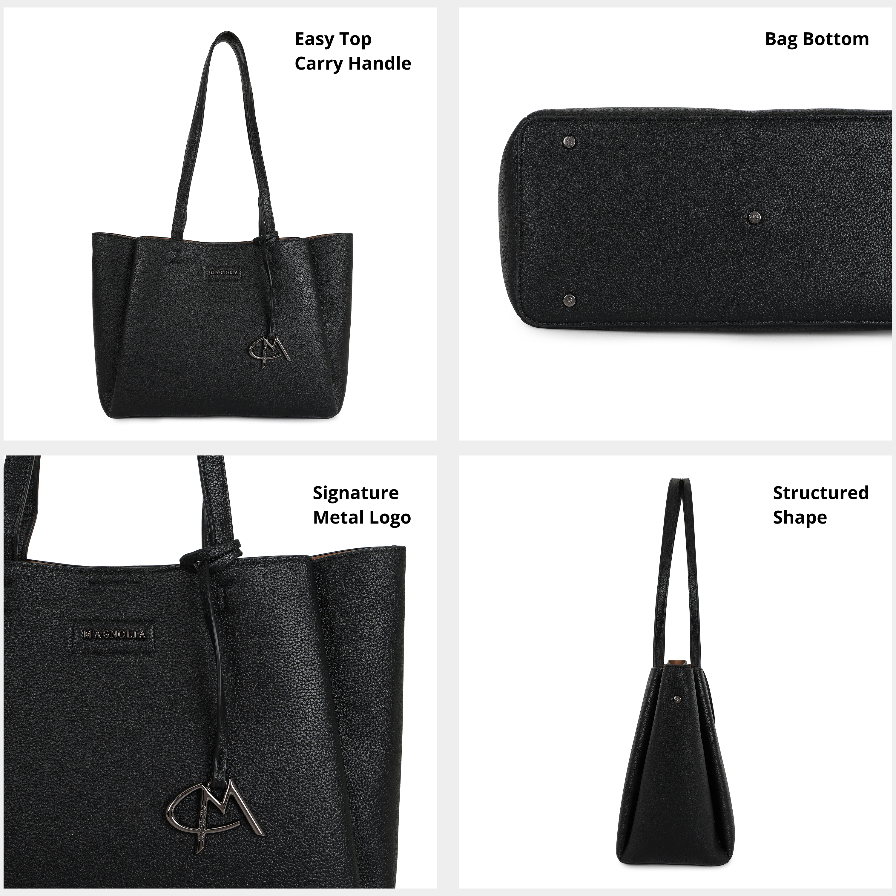 Magnolia PU Leather Women Black Tote Bag