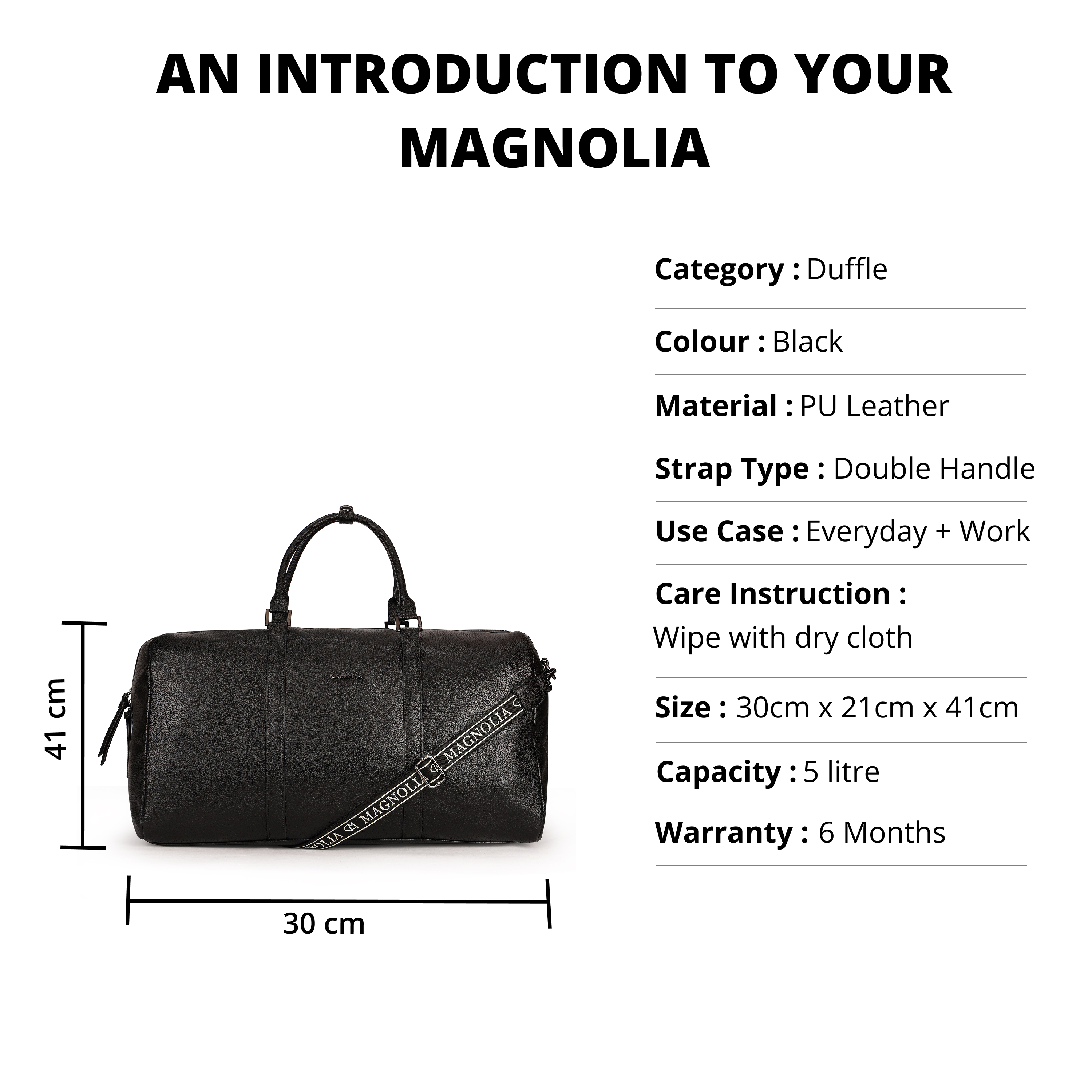 Magnolia PU Leather  Black Duffle Bag