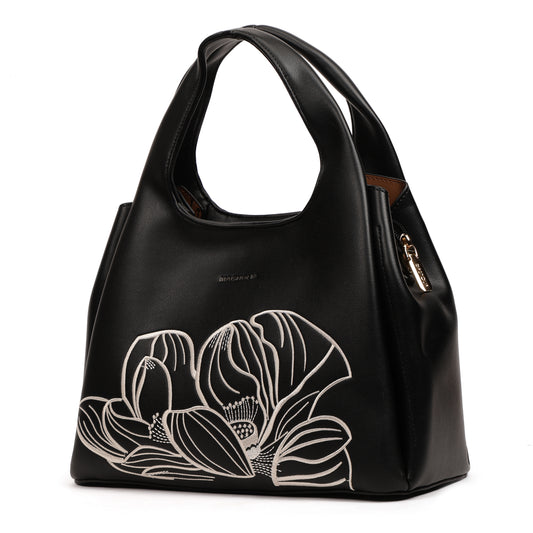 Magnolia PU Leather Women Embroidered Black Shoulder Bag