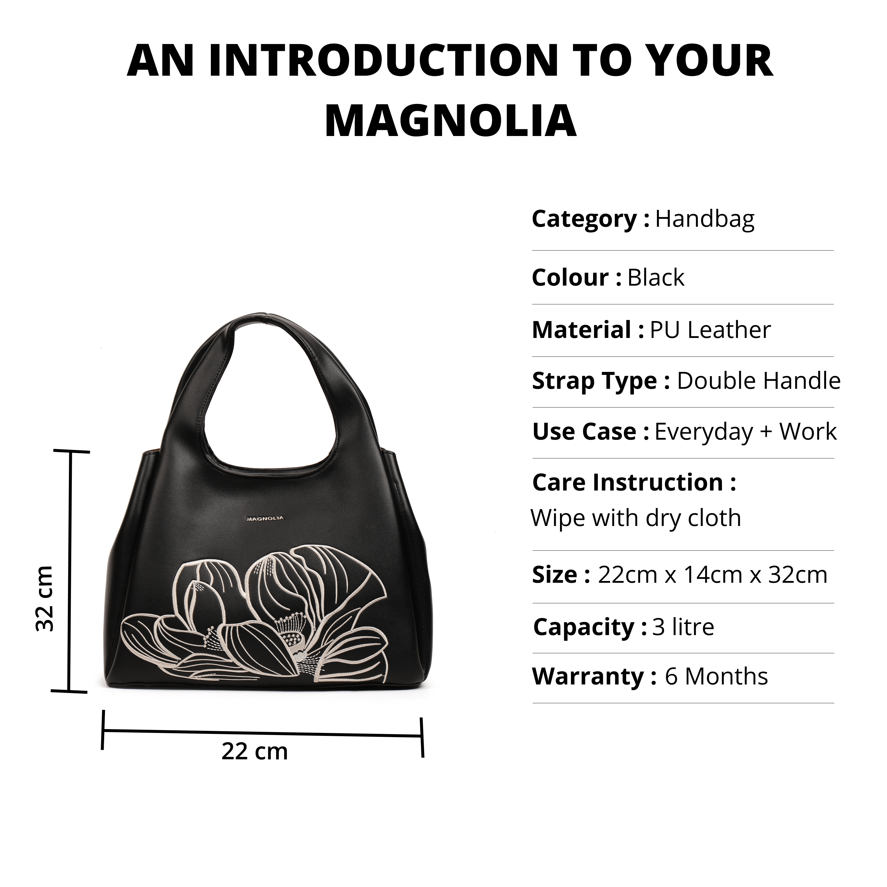 Magnolia PU Leather Women Embroidered Black Shoulder Bag