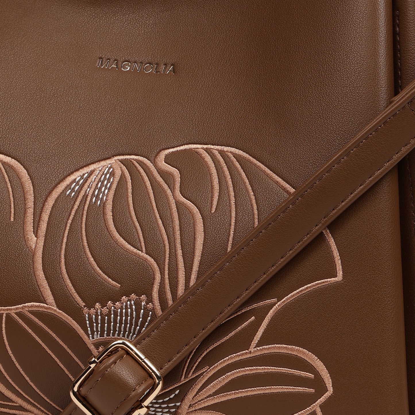 Magnolia PU Leather Women Embroidered Coffee Shoulder Bag