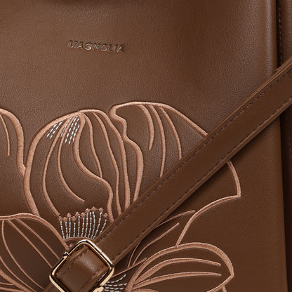 Magnolia PU Leather Women Embroidered Coffee Shoulder Bag
