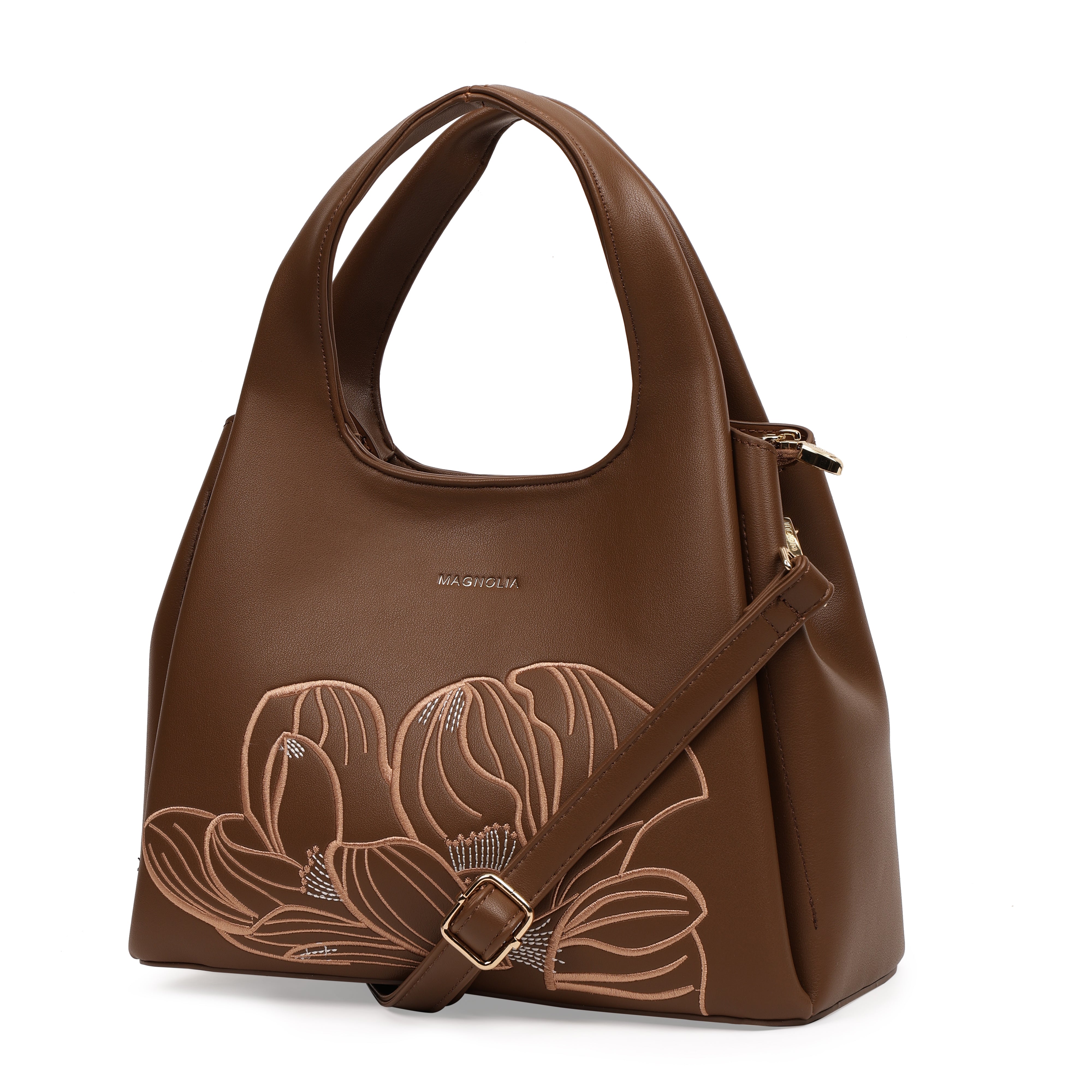 Magnolia PU Leather Women Embroidered Coffee Shoulder Bag