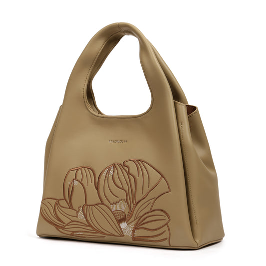 Magnolia PU Leather Women Embroidered Khaki Shoulder Bag