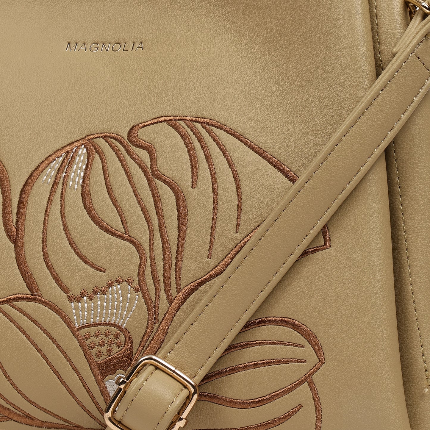 Magnolia PU Leather Women Embroidered Khaki Shoulder Bag