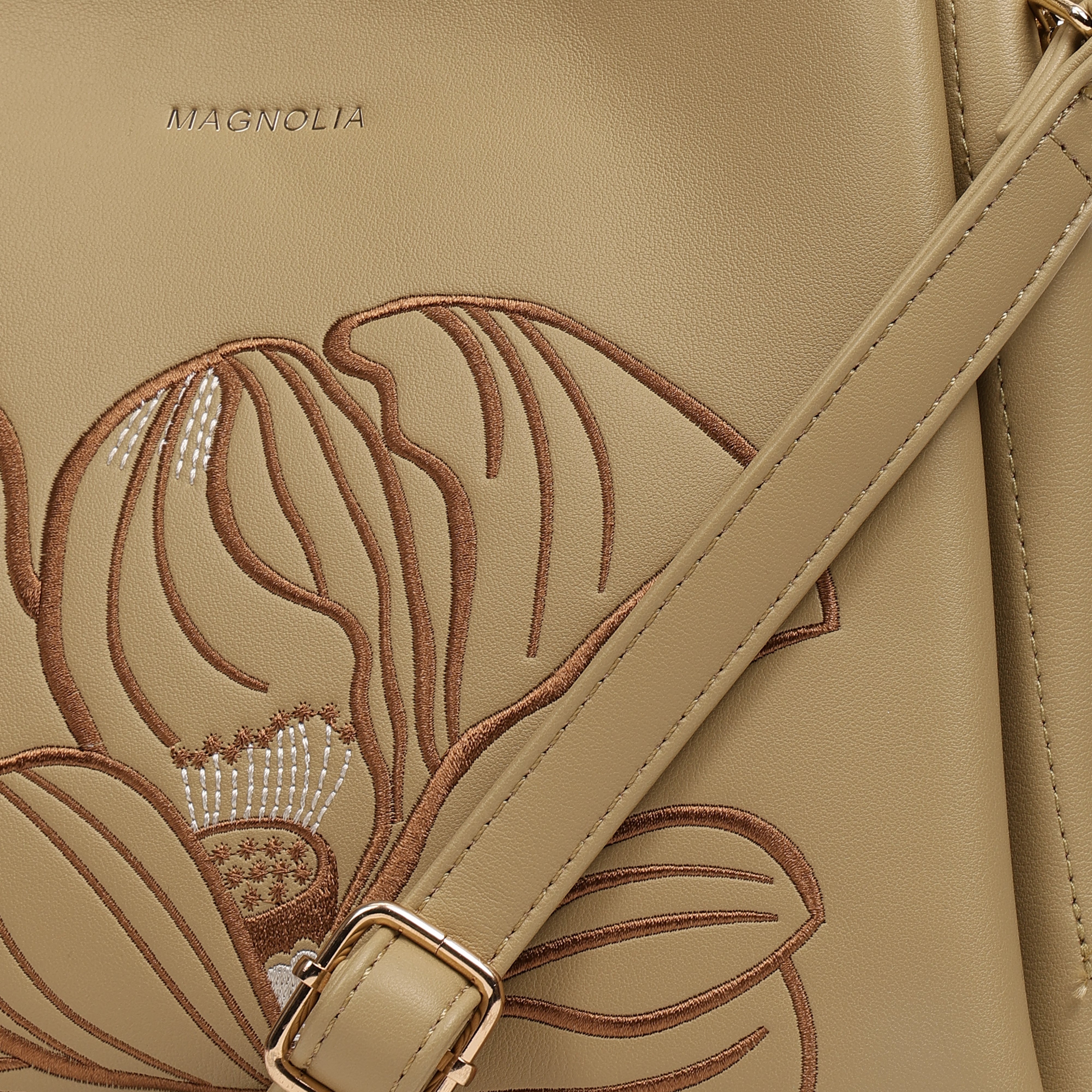Magnolia PU Leather Women Embroidered Khaki Shoulder Bag