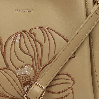 Magnolia PU Leather Women Embroidered Khaki Shoulder Bag