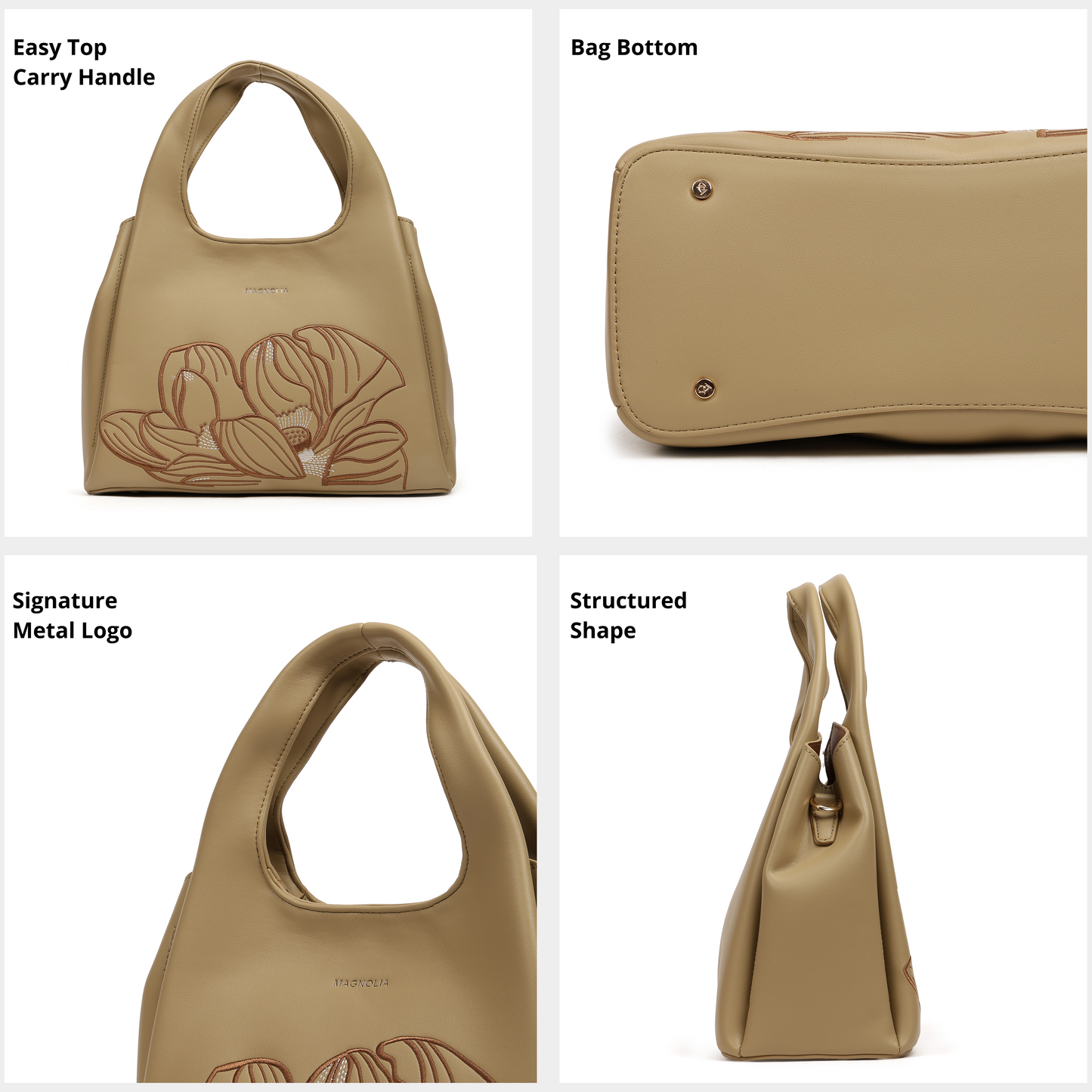 Magnolia PU Leather Women Embroidered Khaki Shoulder Bag