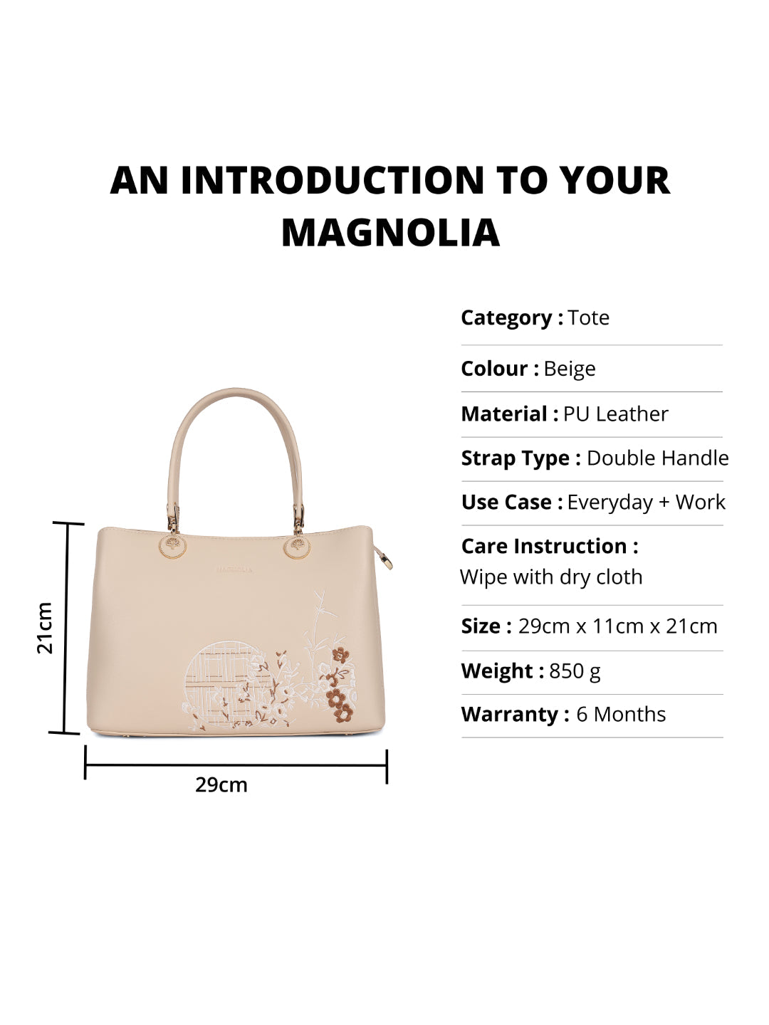 Magnolia Beige PU Leather Embroidered One Size Women Tote