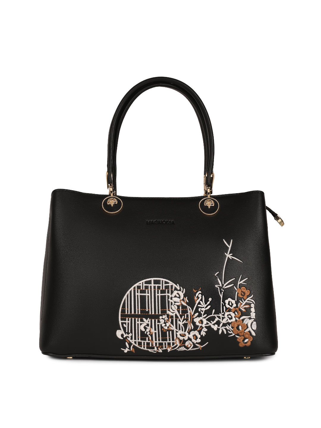 Magnolia Black PU Leather Embroidered One Size Women Tote