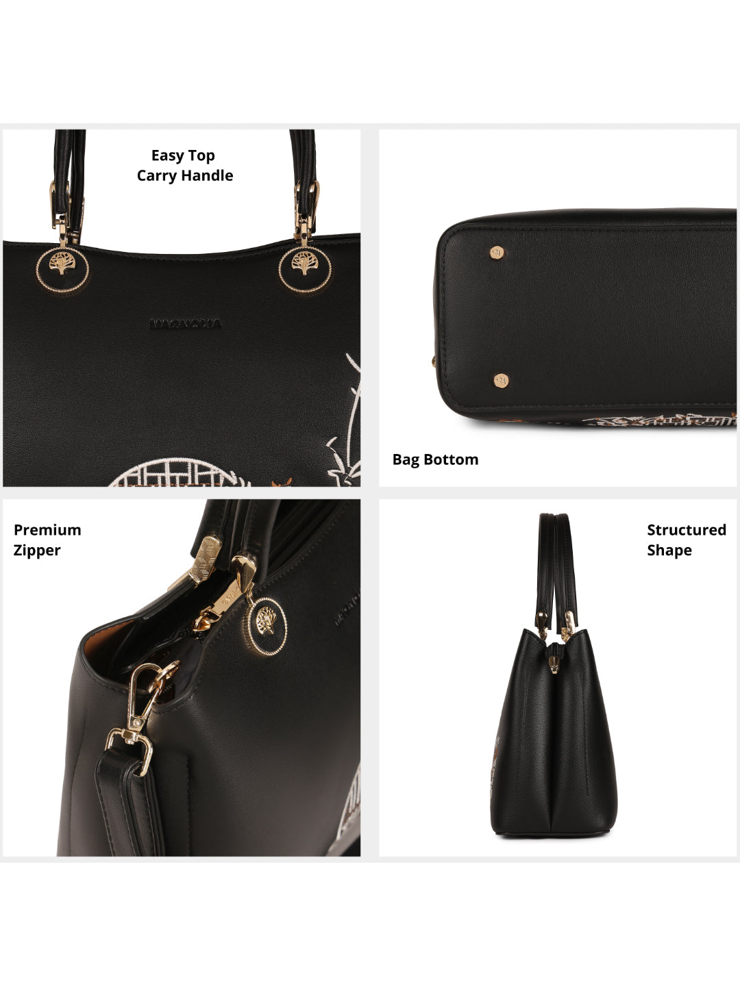 Magnolia Black PU Leather Embroidered One Size Women Tote