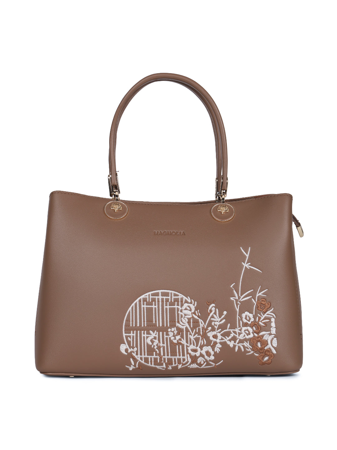 Magnolia Taupe PU Leather Embroidered One Size Women Tote