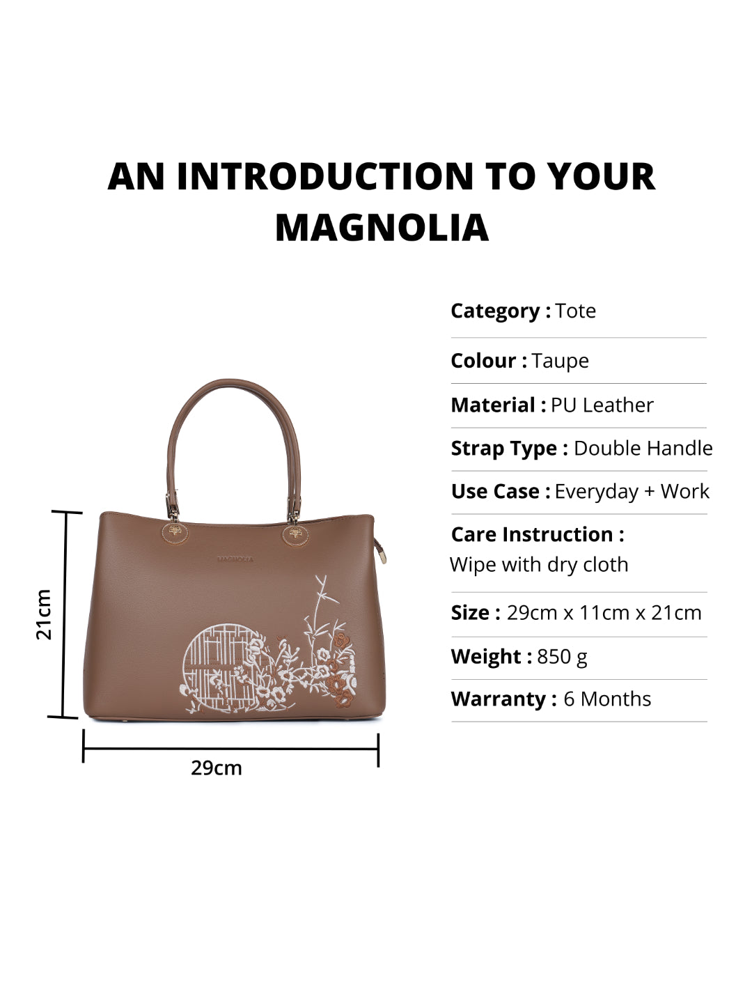 Magnolia Taupe PU Leather Embroidered One Size Women Tote