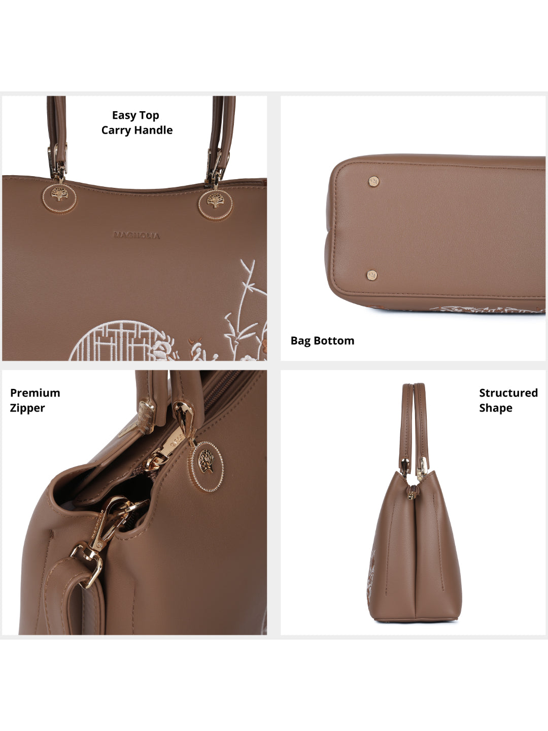 Magnolia Taupe PU Leather Embroidered One Size Women Tote