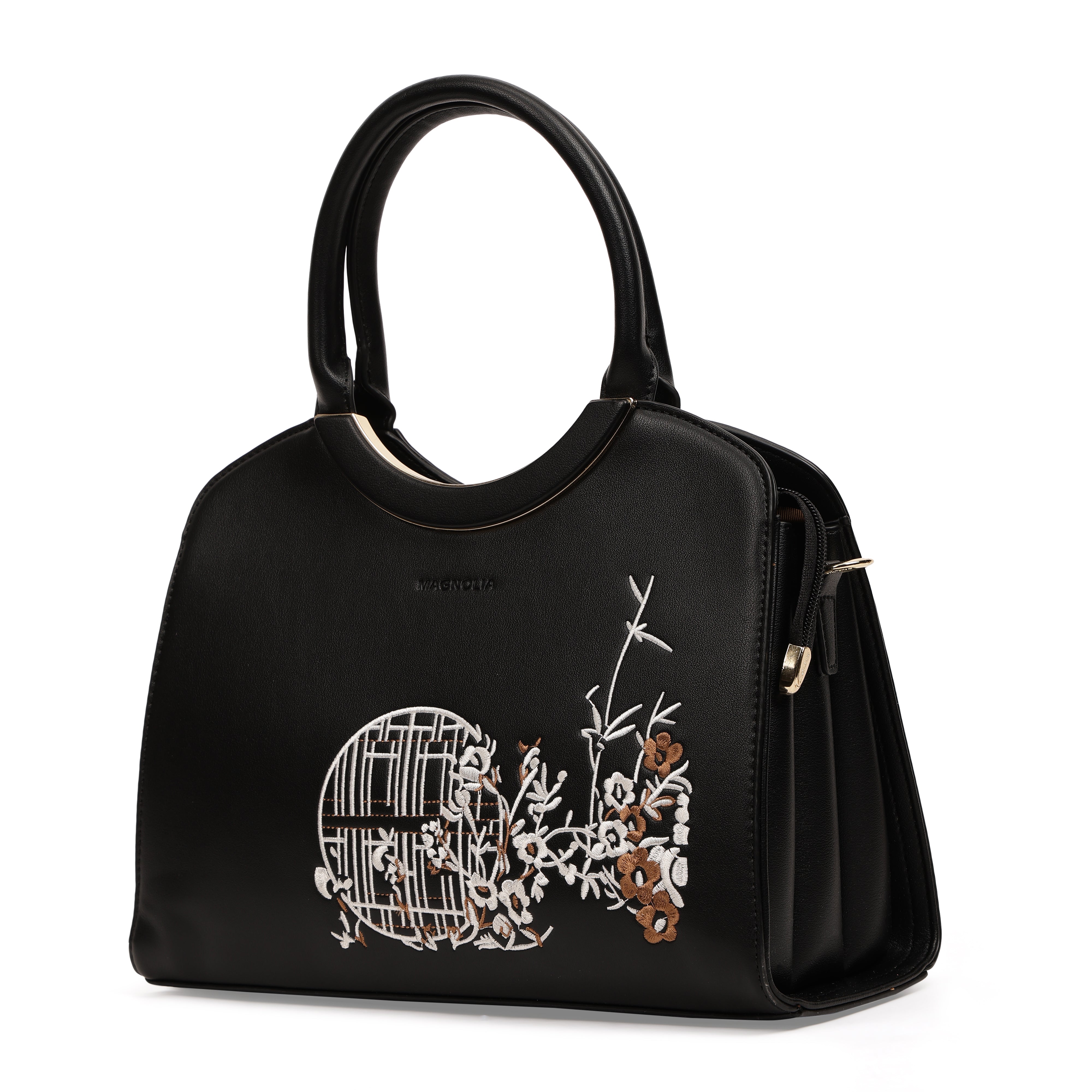 Magnolia PU Leather Women Embroidered Black Shoulder Bag