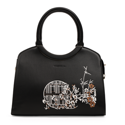 Magnolia PU Leather Women Embroidered Black Shoulder Bag