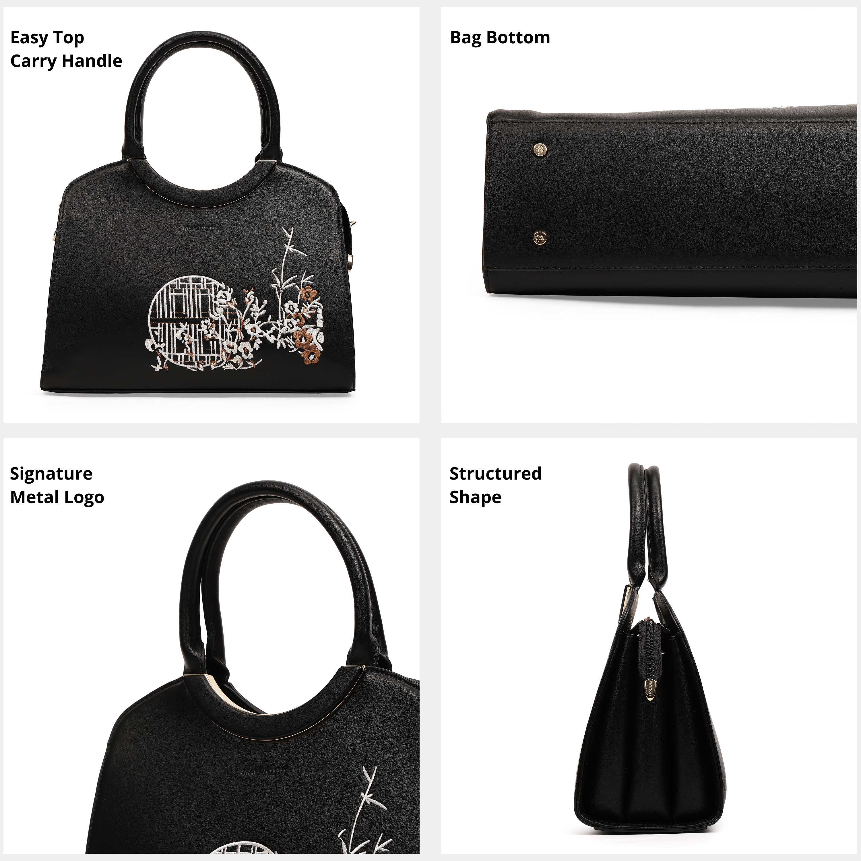 Magnolia PU Leather Women Embroidered Black Shoulder Bag