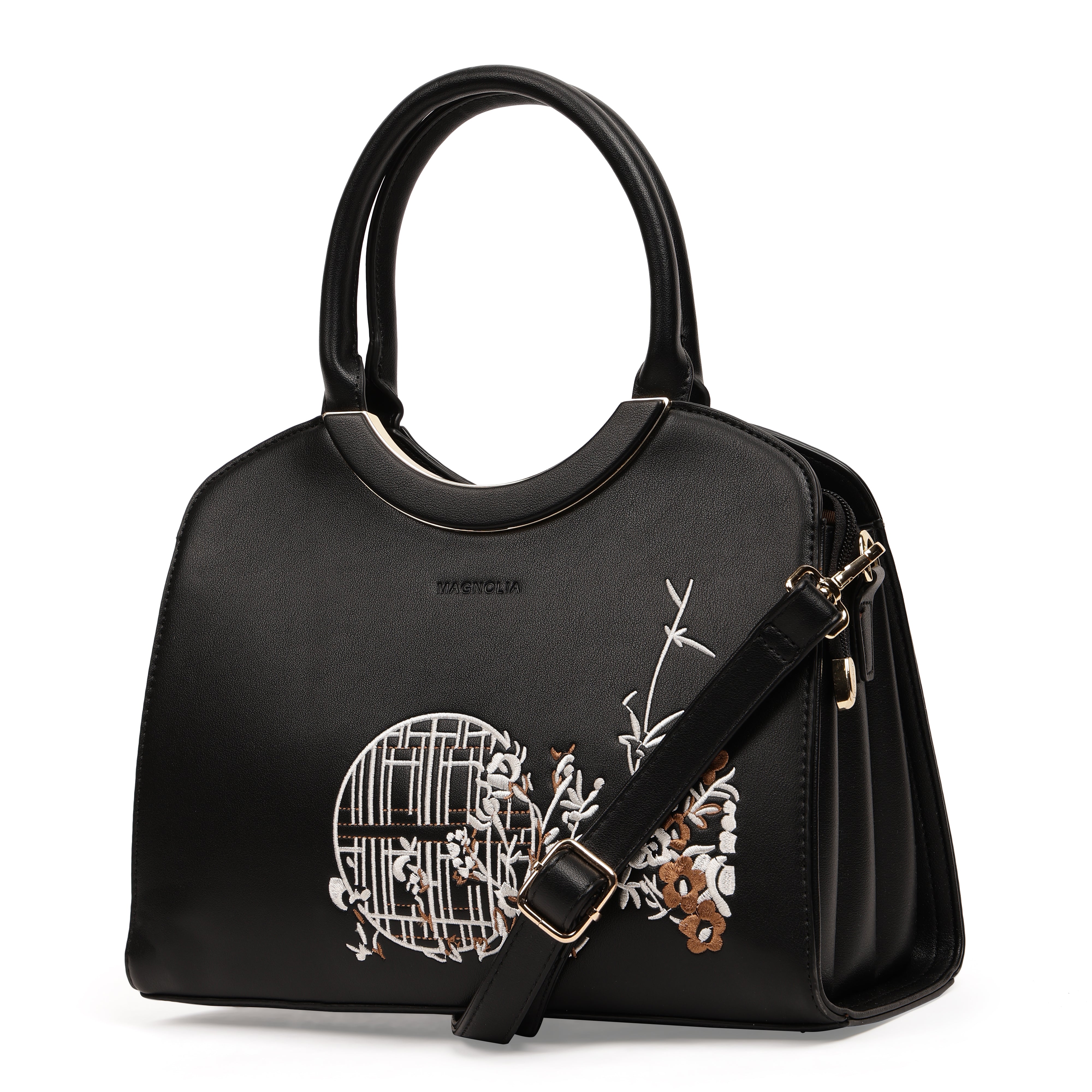 Magnolia PU Leather Women Embroidered Black Shoulder Bag
