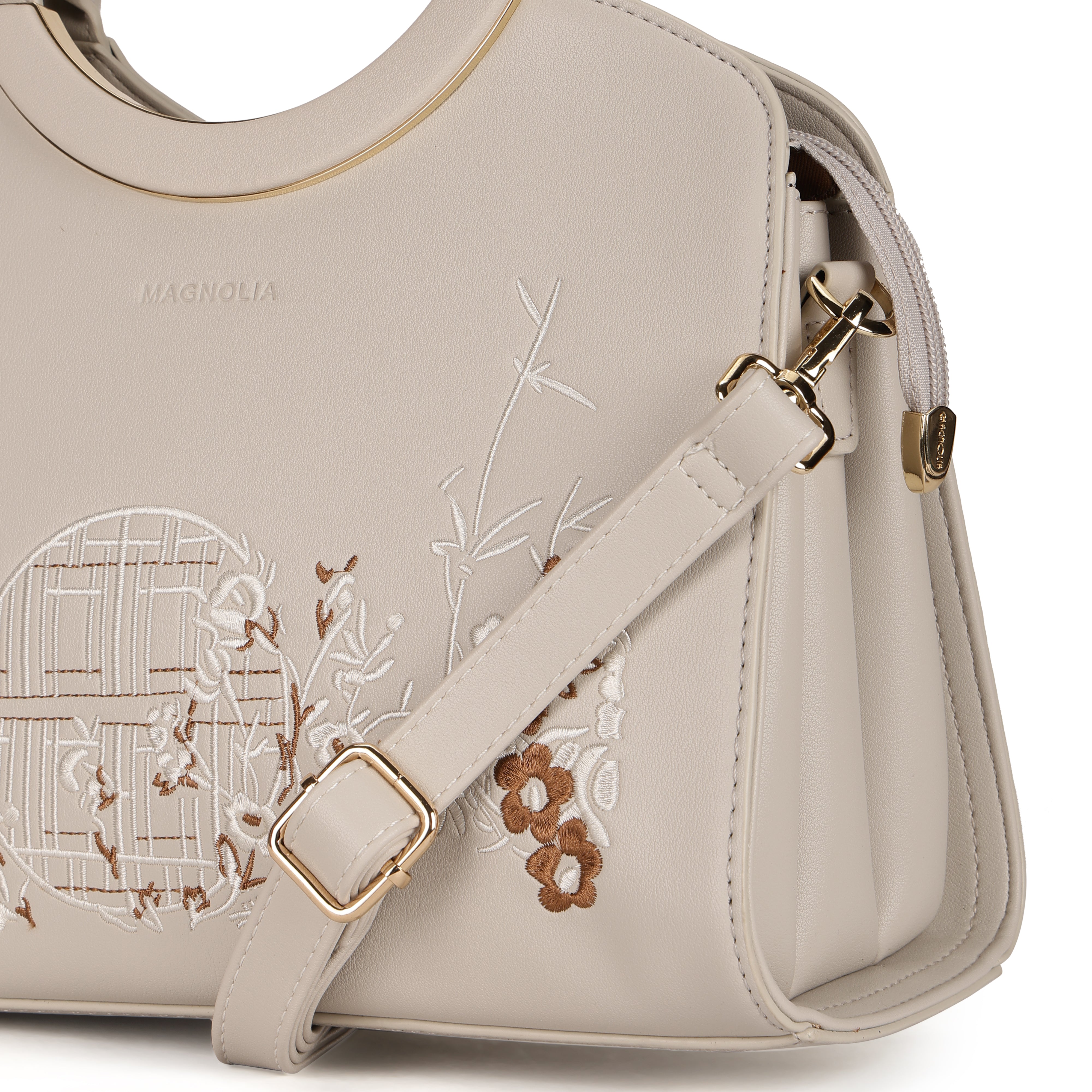 Magnolia PU Leather Women Embroidered Grey Shoulder Bag