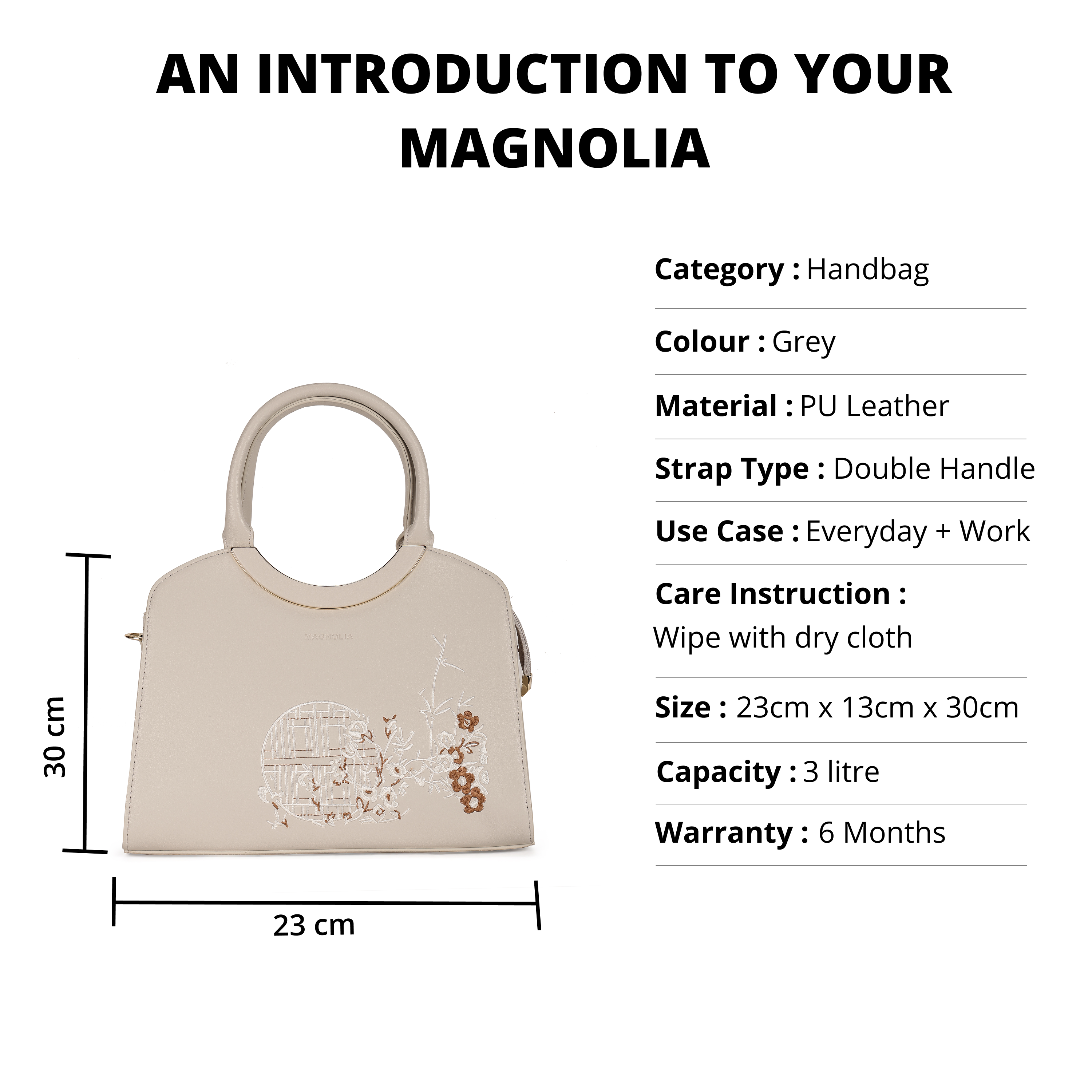 Magnolia PU Leather Women Embroidered Grey Shoulder Bag