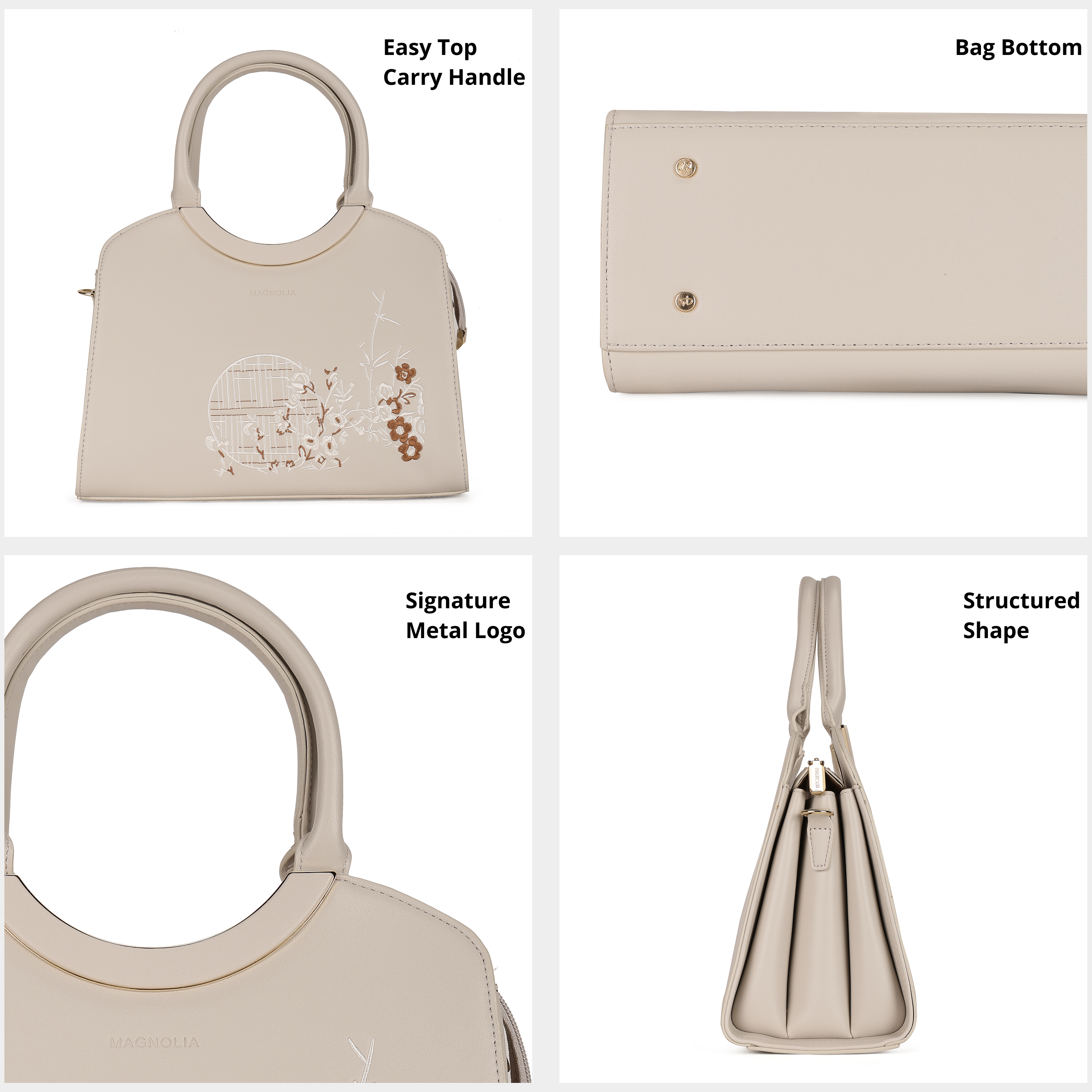 Magnolia PU Leather Women Embroidered Grey Shoulder Bag