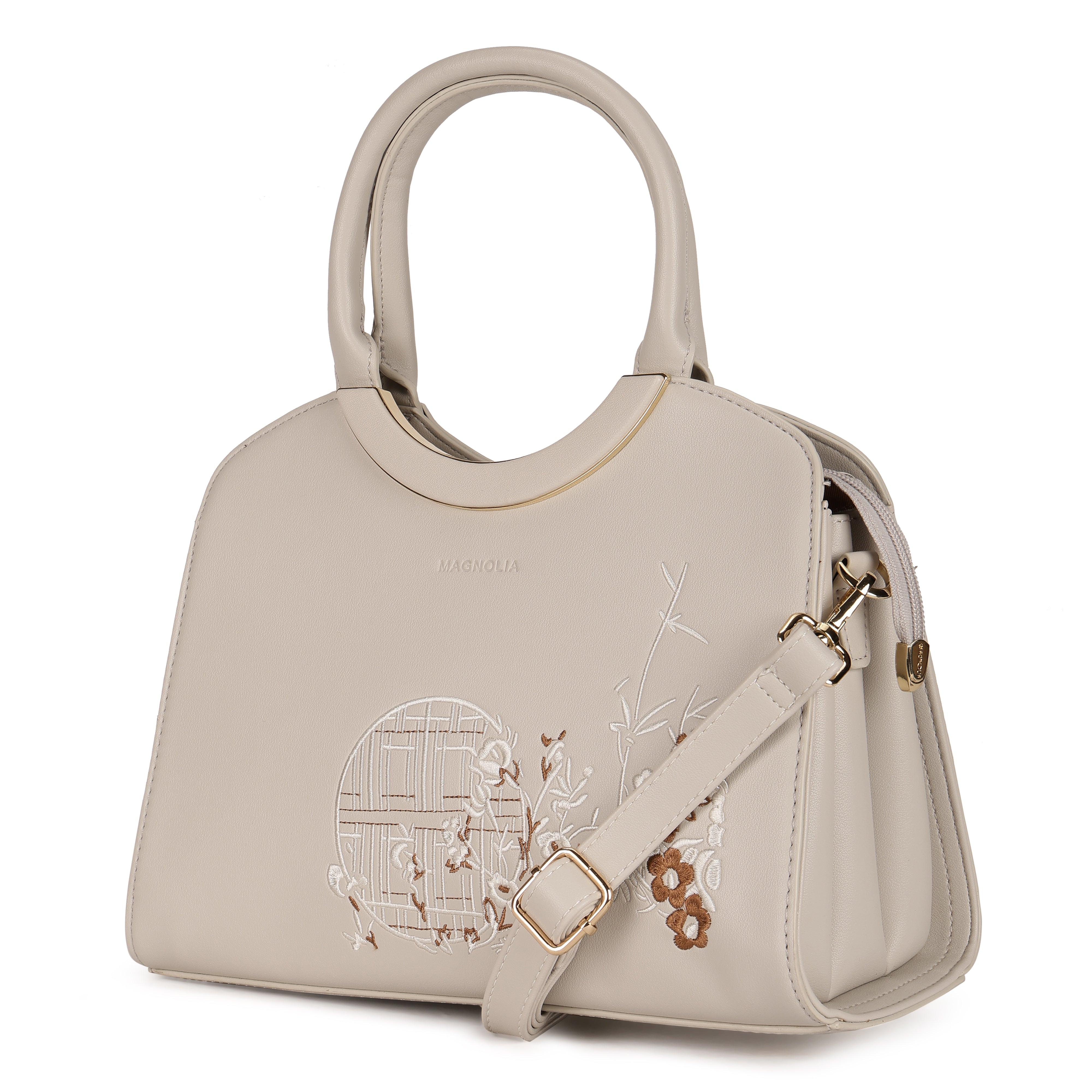 Magnolia PU Leather Women Embroidered Grey Shoulder Bag