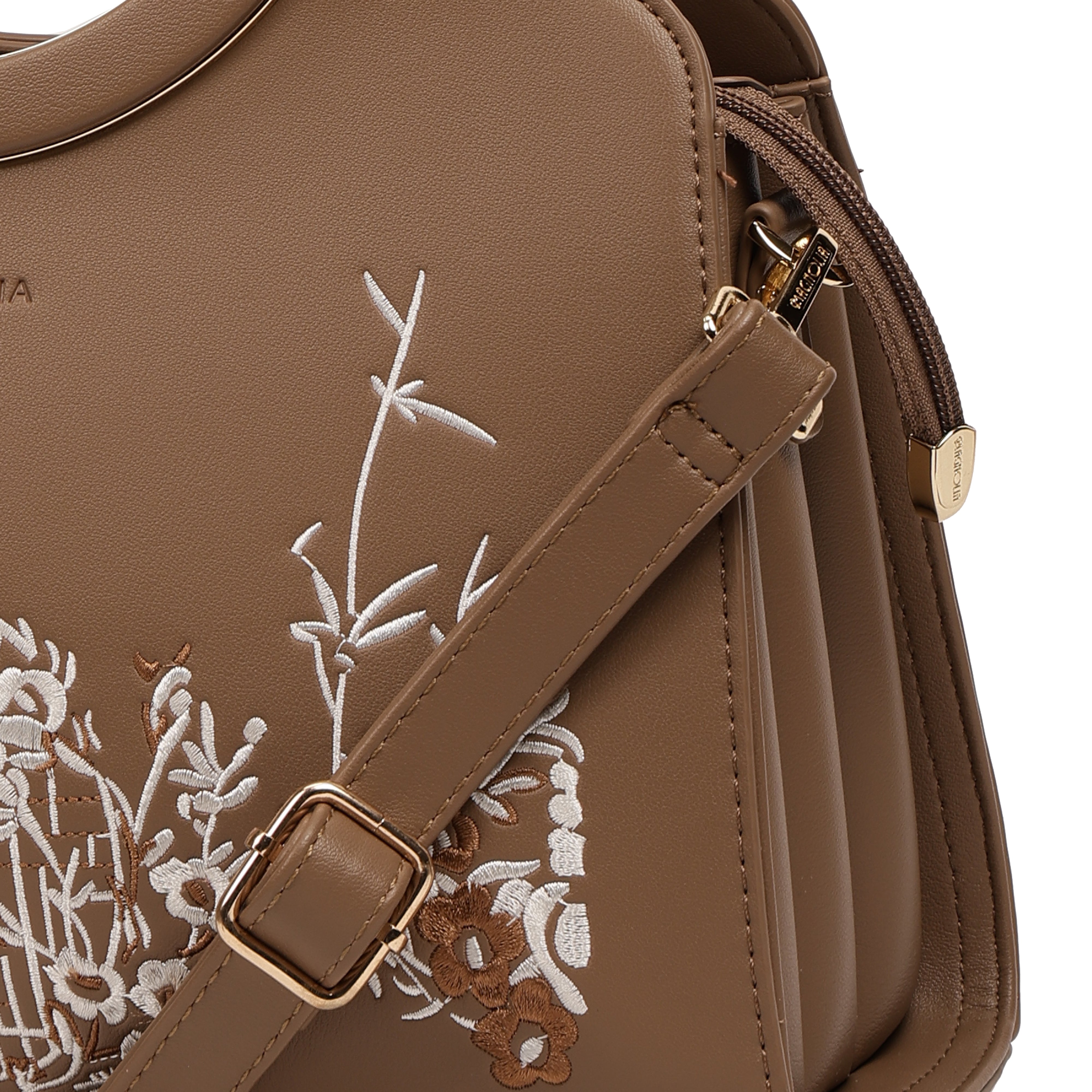 Magnolia PU Leather Women Embroidered Taupe Shoulder Bag