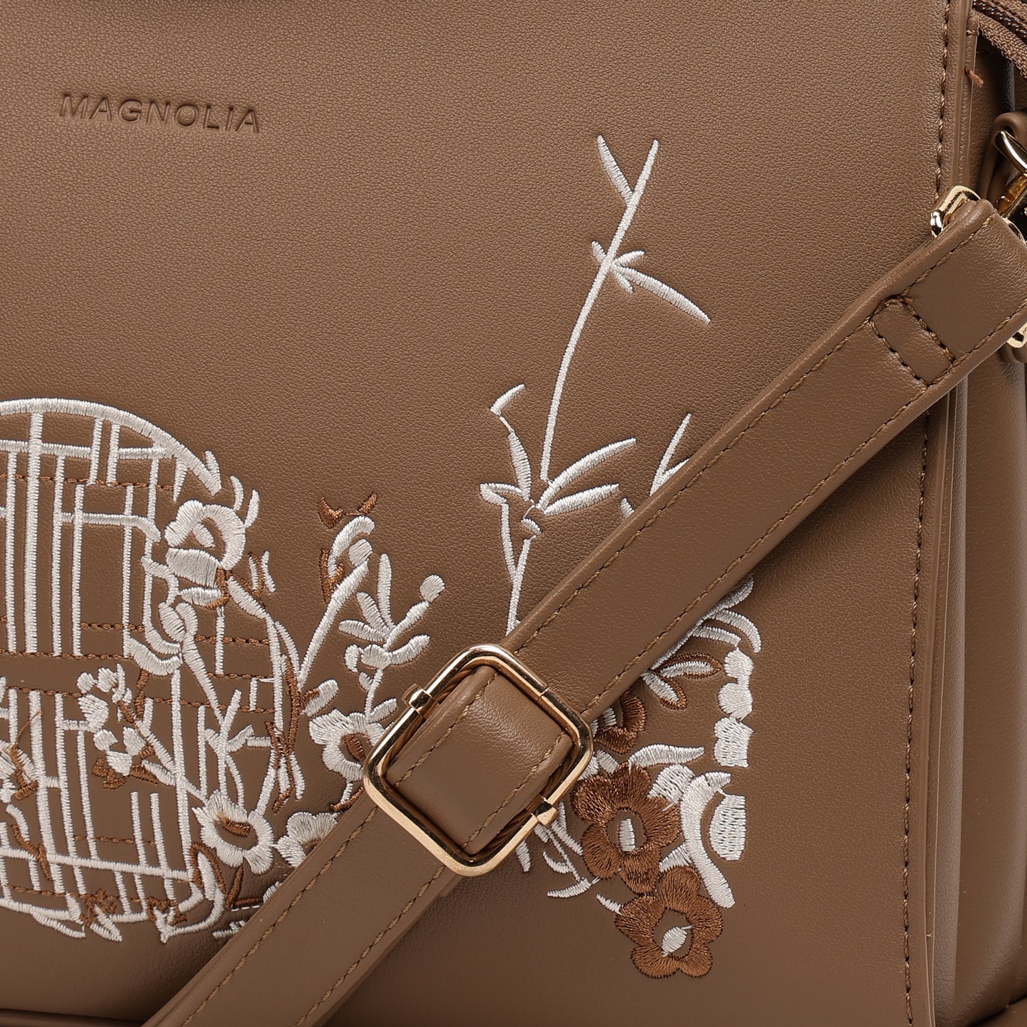 Magnolia PU Leather Women Embroidered Taupe Shoulder Bag