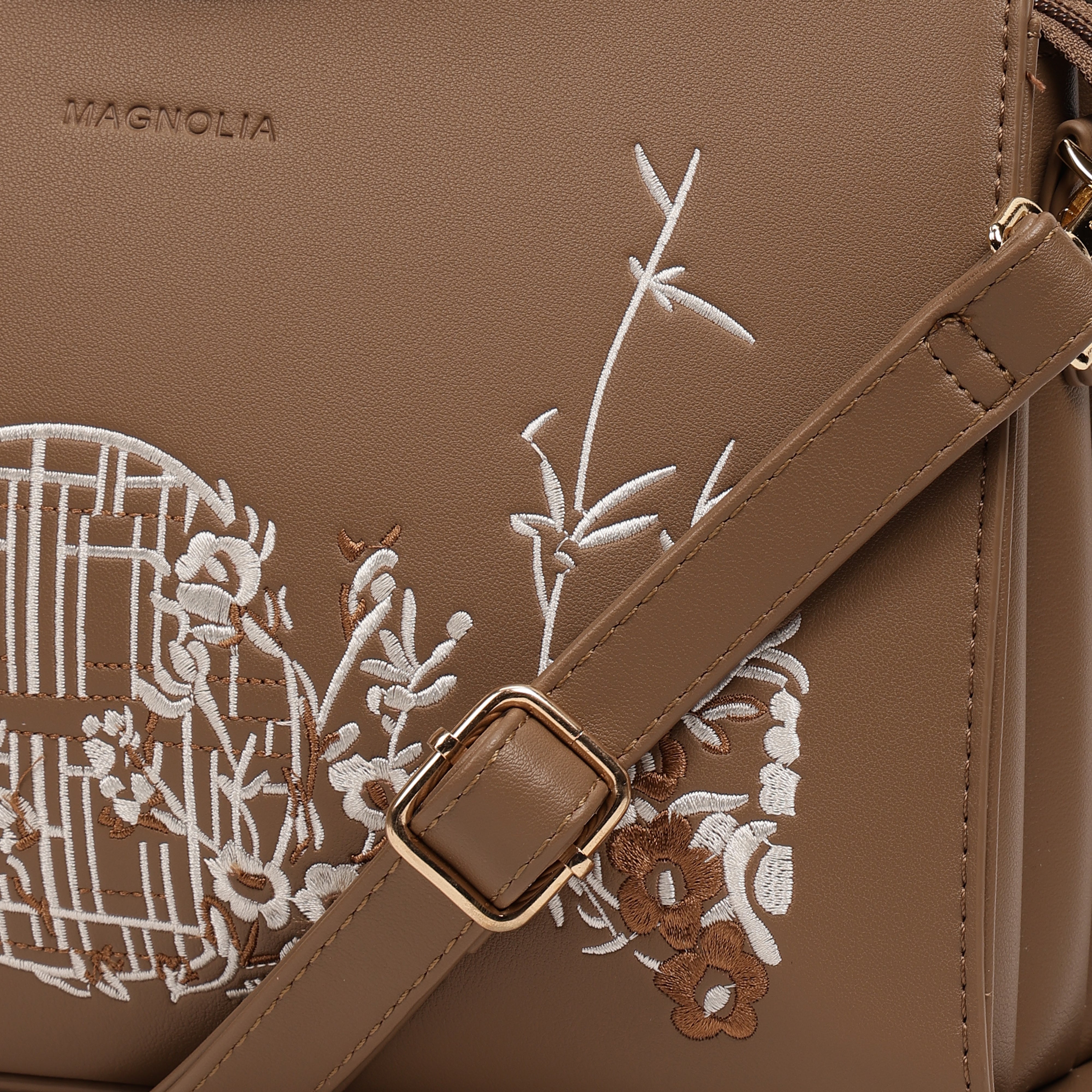Magnolia PU Leather Women Embroidered Taupe Shoulder Bag