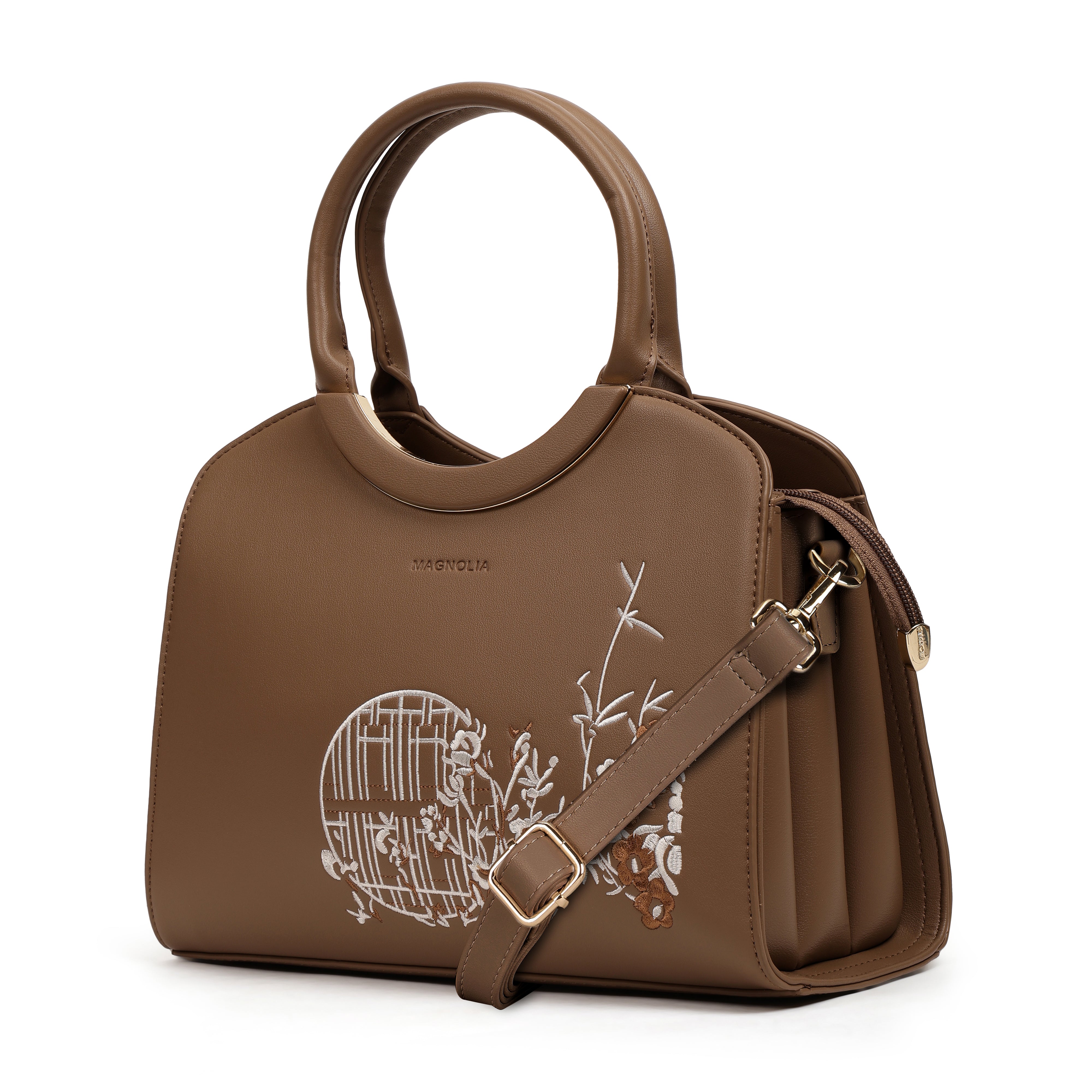 Magnolia PU Leather Women Embroidered Taupe Shoulder Bag