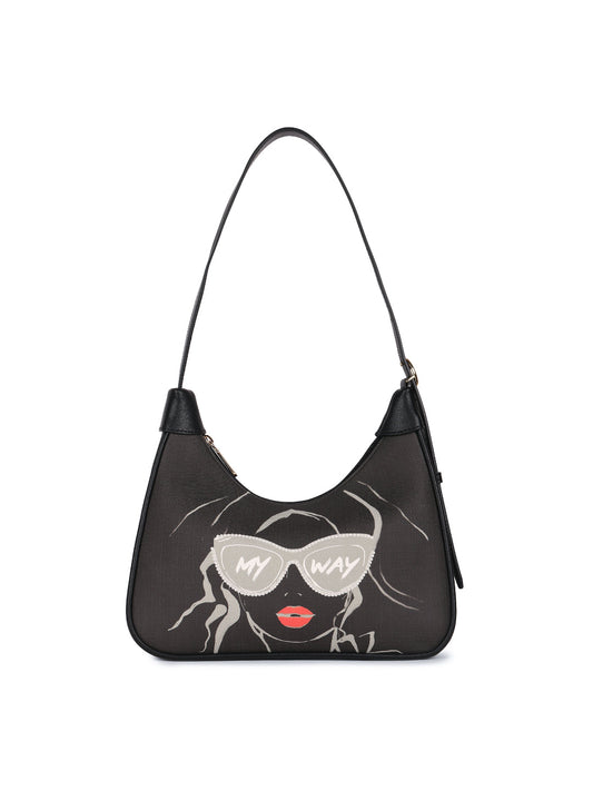 Magnolia Black PU Leather Printed One Size Women Shoulder Bag