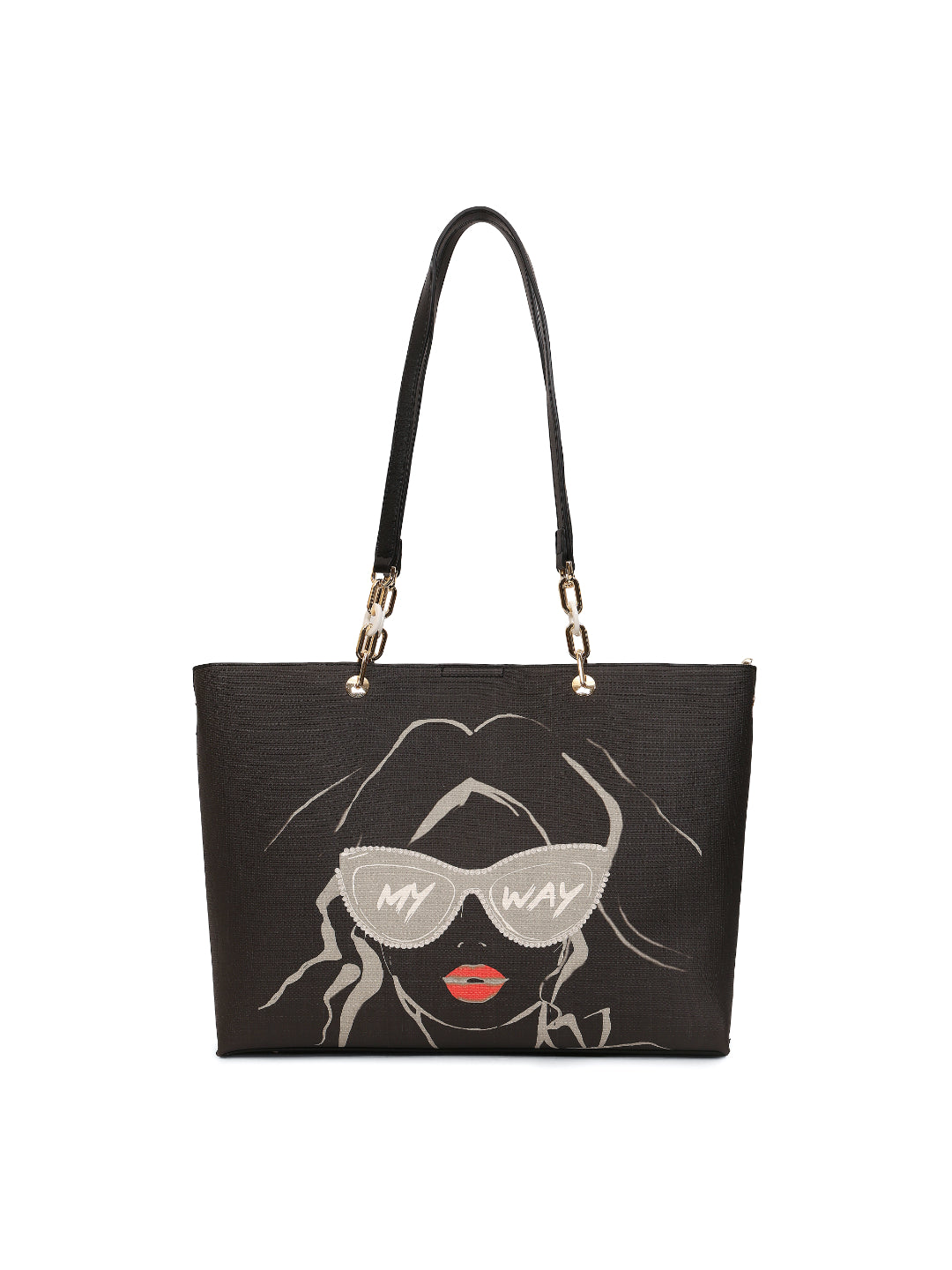 Magnolia Black PU Leather Printed One Size Women Tote