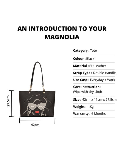 Magnolia Black PU Leather Printed One Size Women Tote