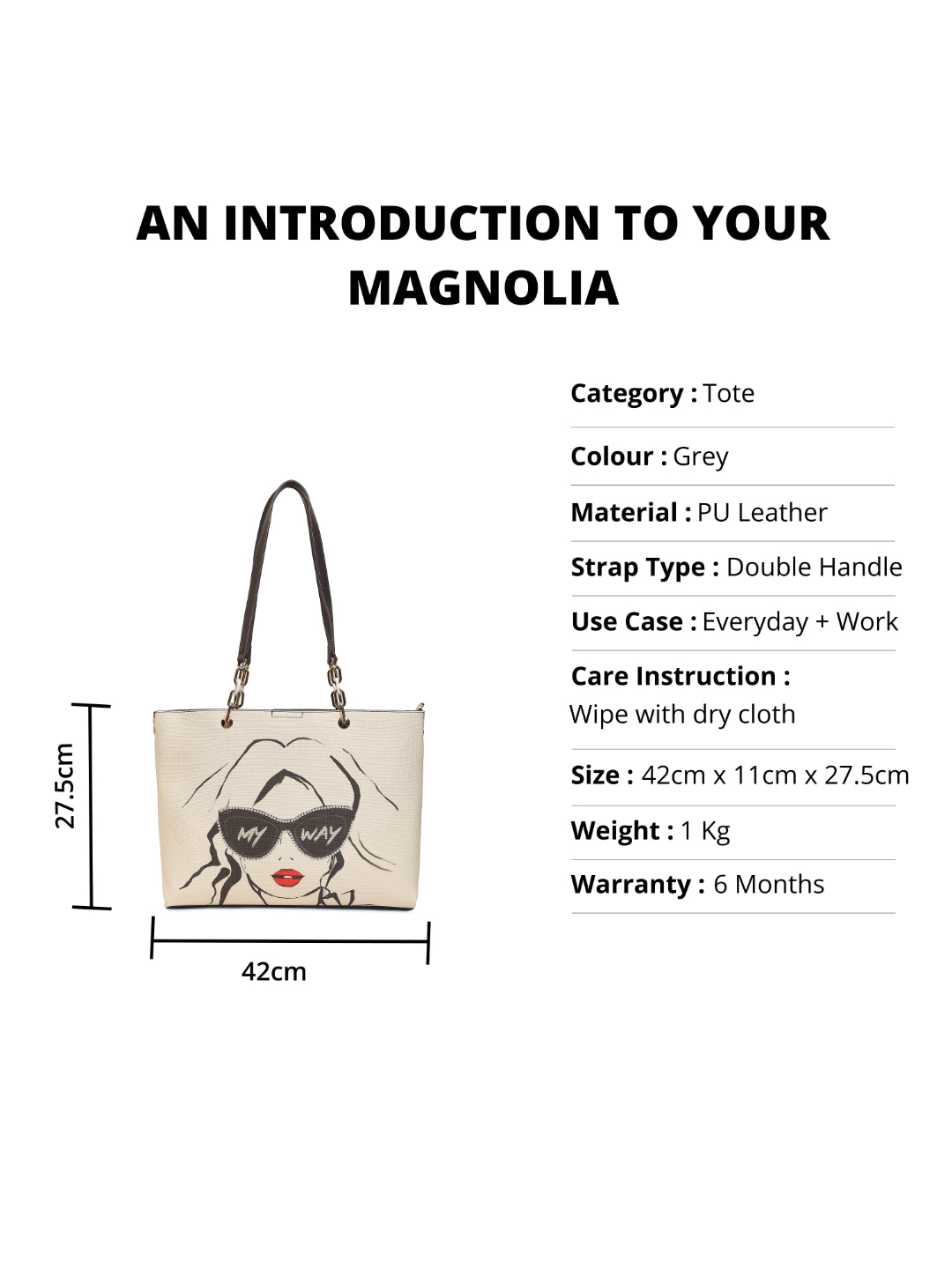 Magnolia Grey PU Leather Printed One Size Women Tote