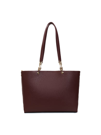 Magnolia Women Beige & Wine Printed Tote Bag