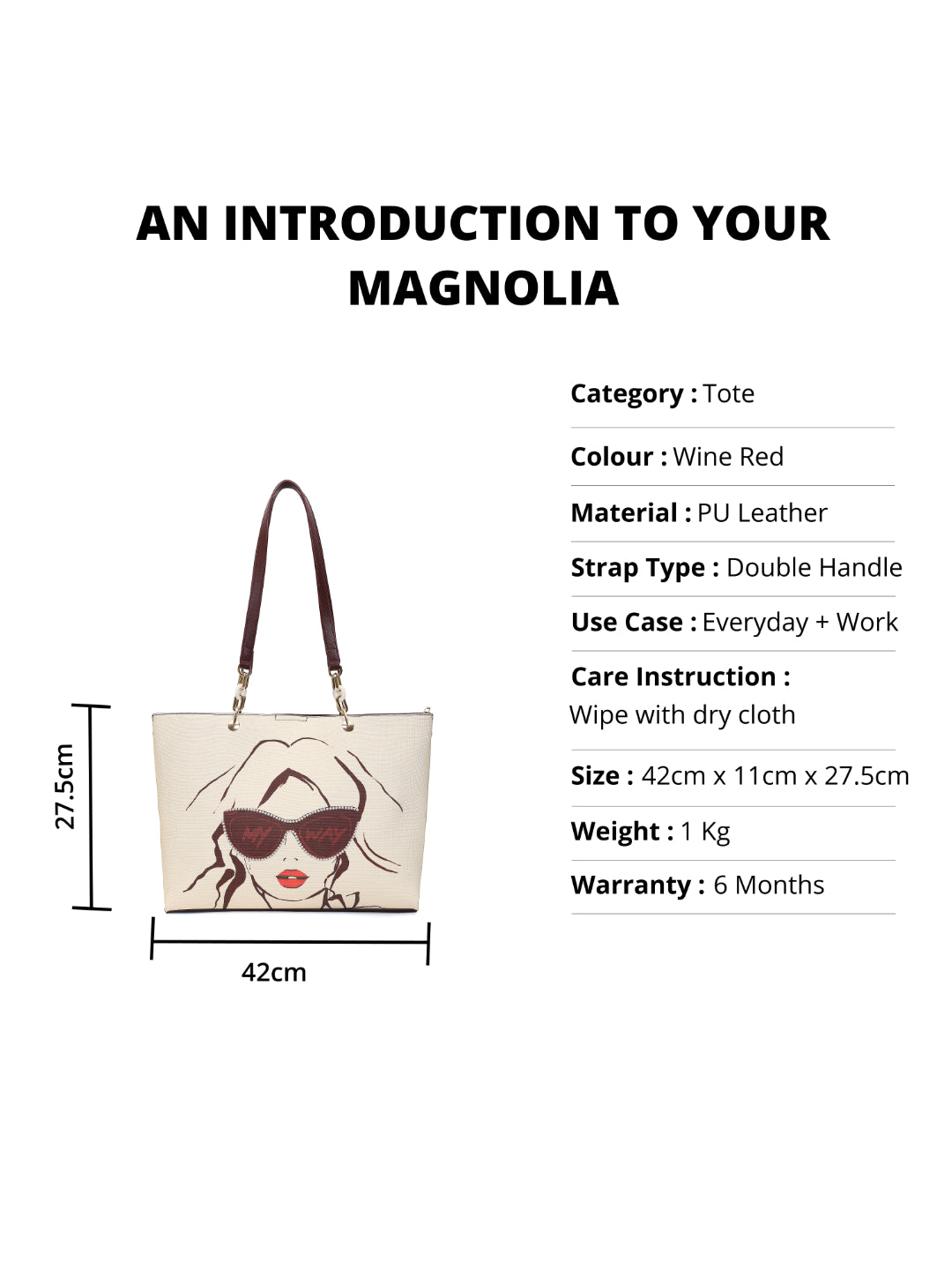 Magnolia Women Beige & Wine Printed Tote Bag