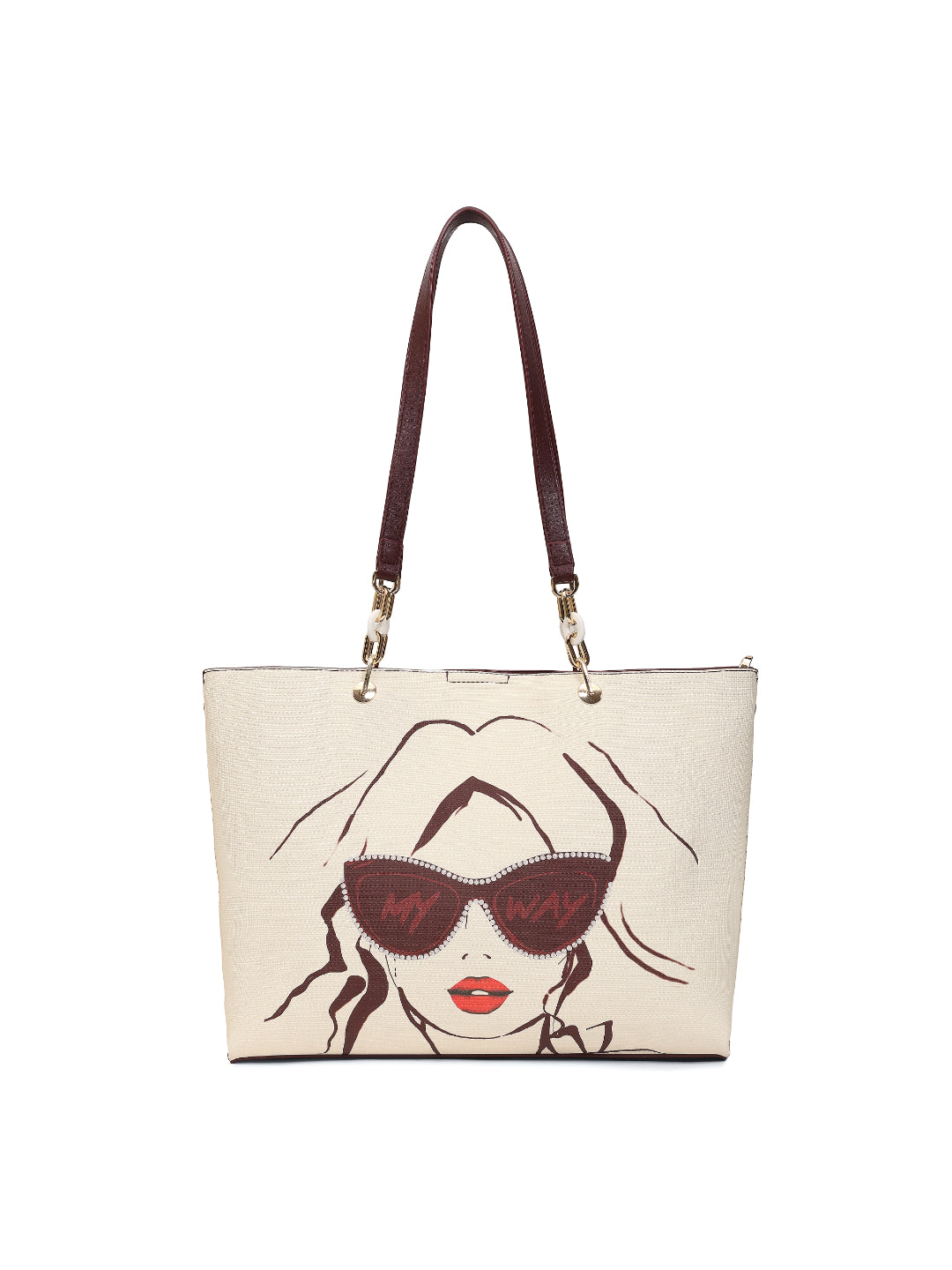 Magnolia Women Beige & Wine Printed Tote Bag