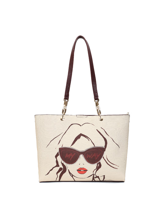 Magnolia Women Beige & Wine Printed Tote Bag