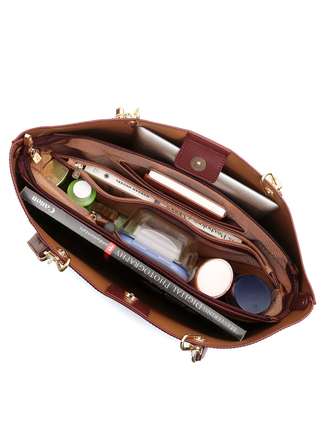 Magnolia Women Beige & Wine Printed Tote Bag