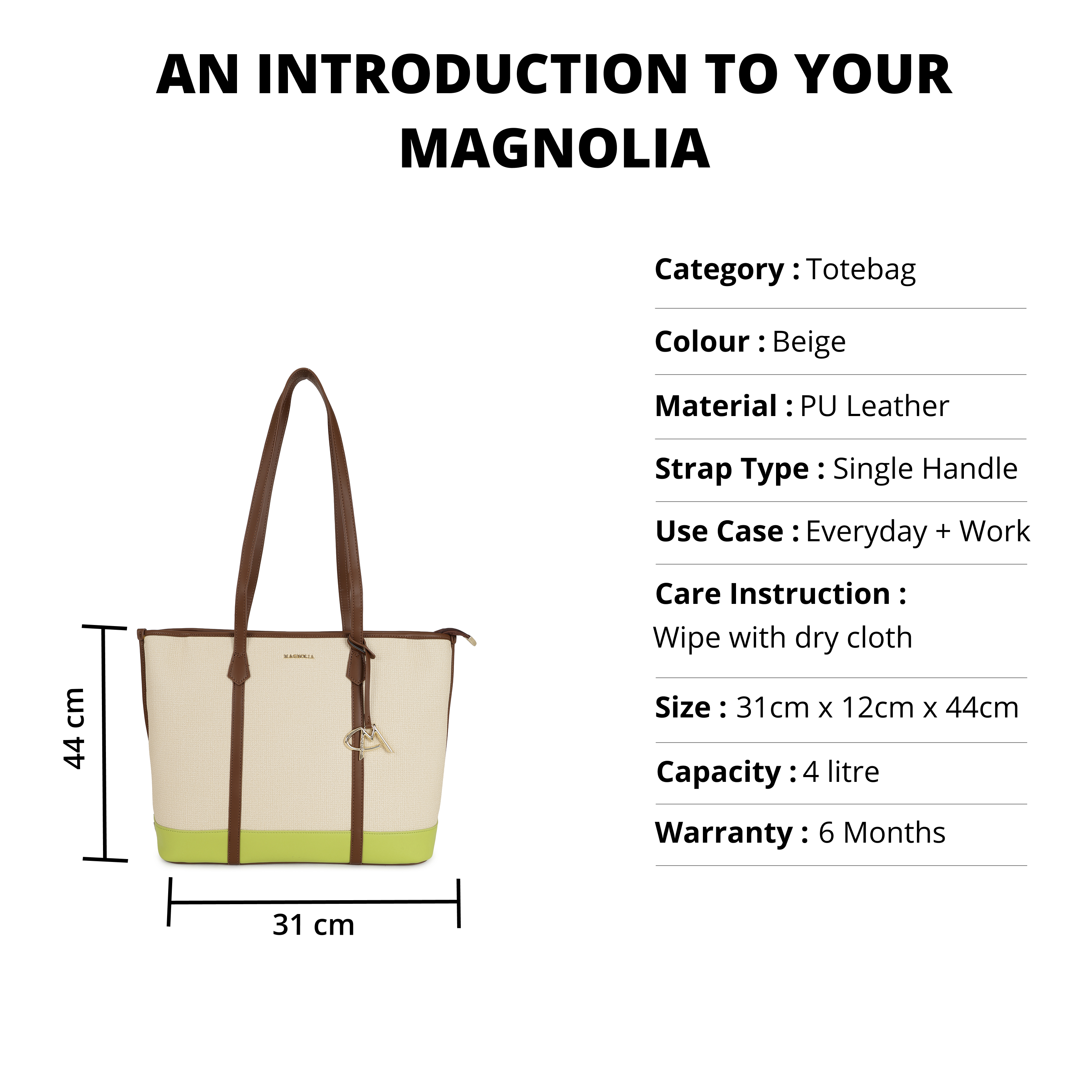 Magnolia PU Leather Women Beige Tote Bag