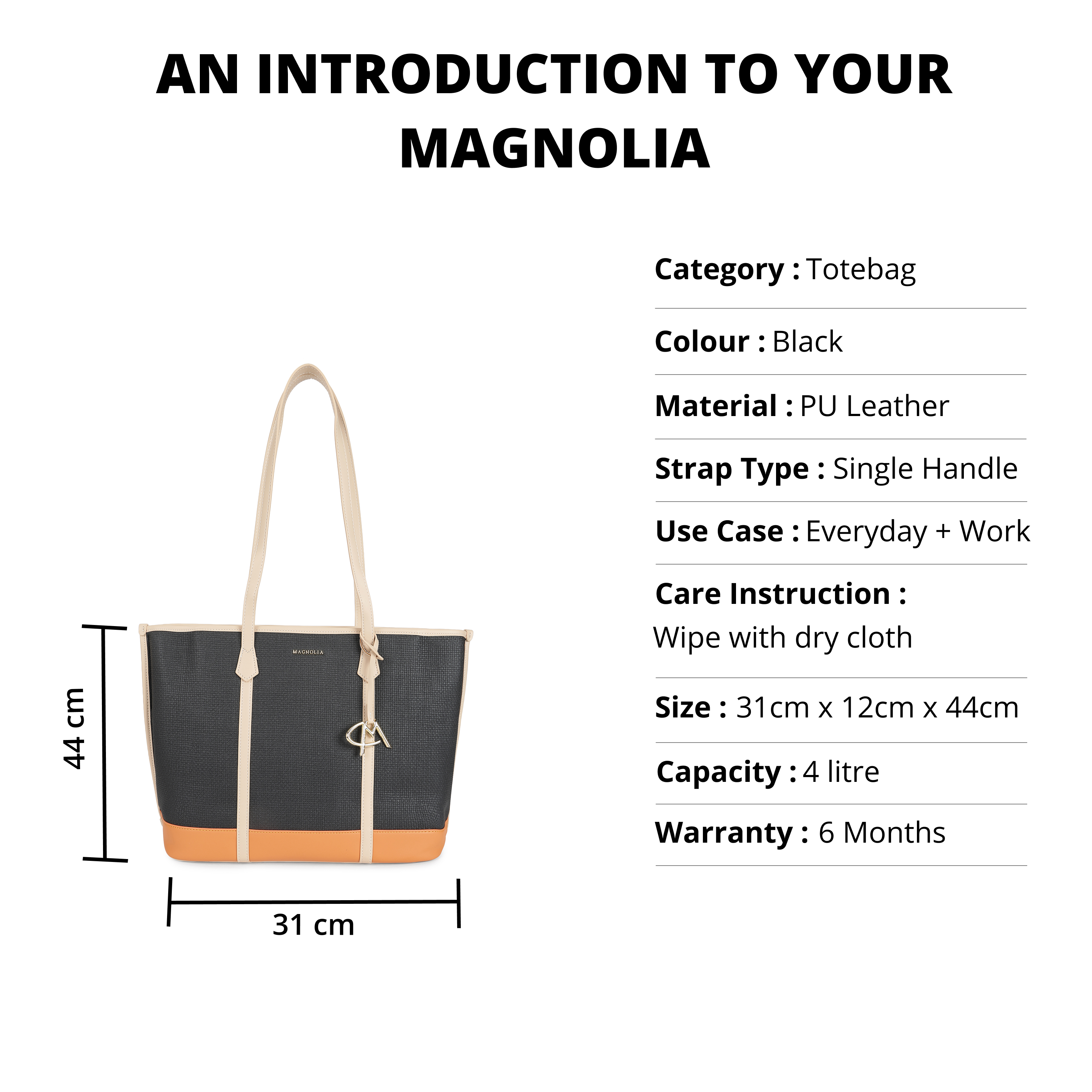 Magnolia PU Leather Women Black Tote Bag