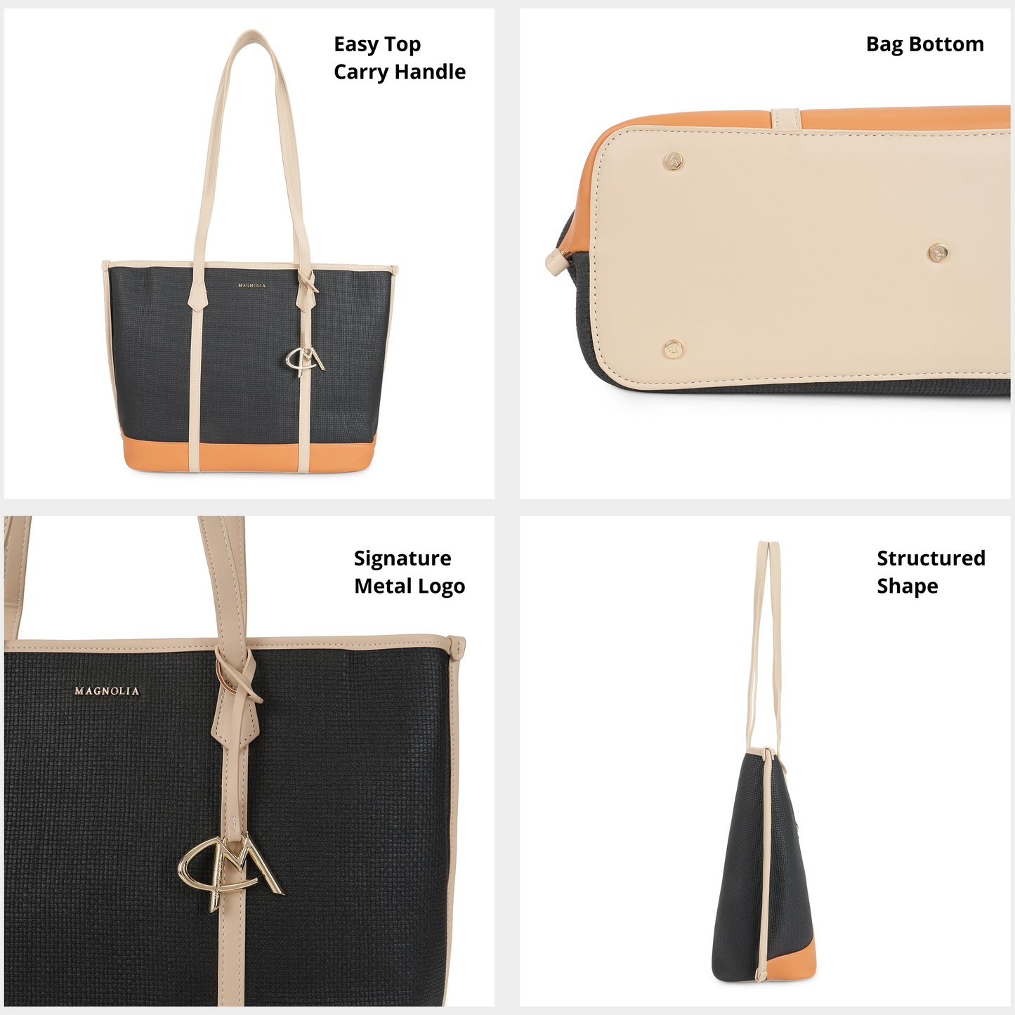 Magnolia PU Leather Women Black Tote Bag