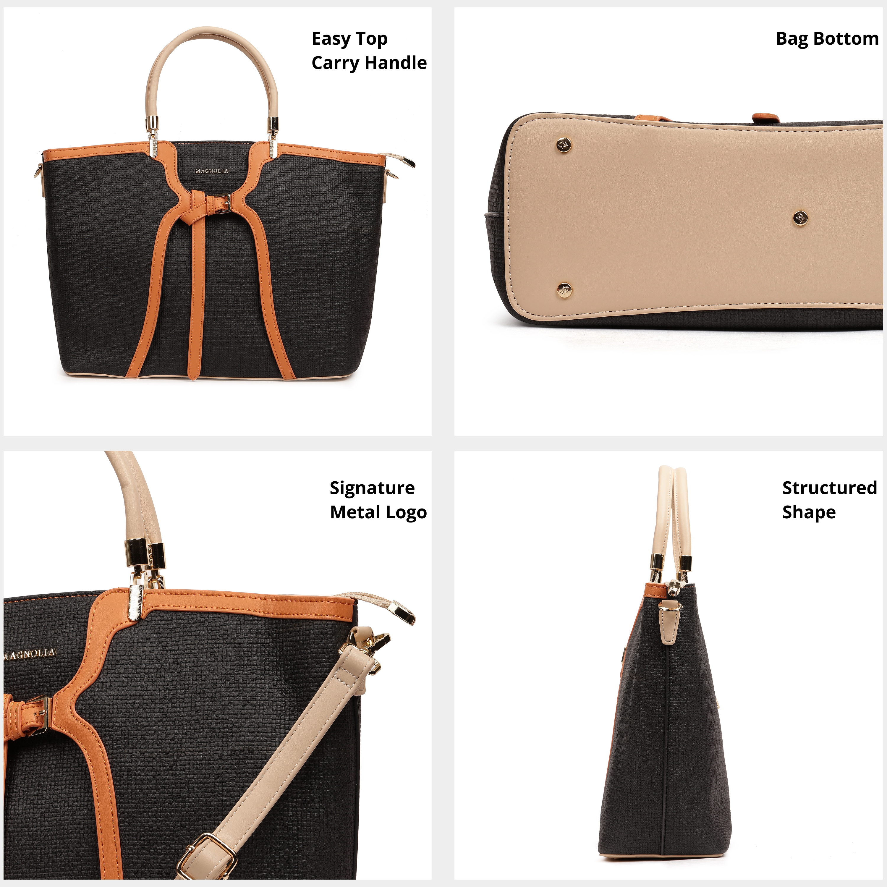 Magnolia PU Leather Women Black Tote Bag